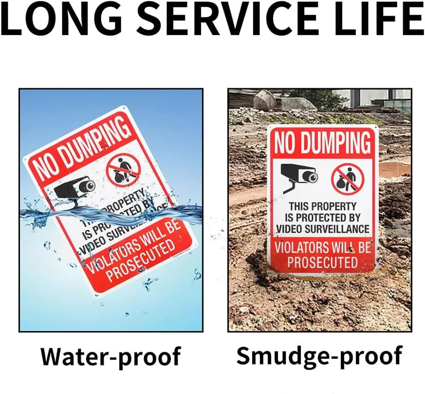 2 PC No Dumping Signs, Reflective 14 x 10 Aluminum No Littering Signs with Video
