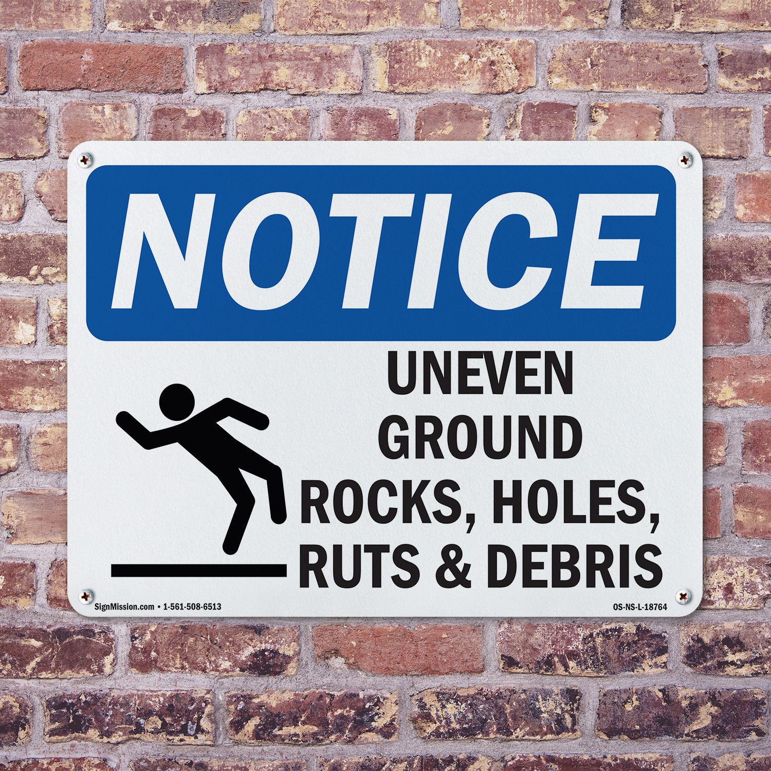 Uneven Ground Rocks Holes OSHA Notice Sign Metal Plastic Or Decal – 5 or 10 Pack