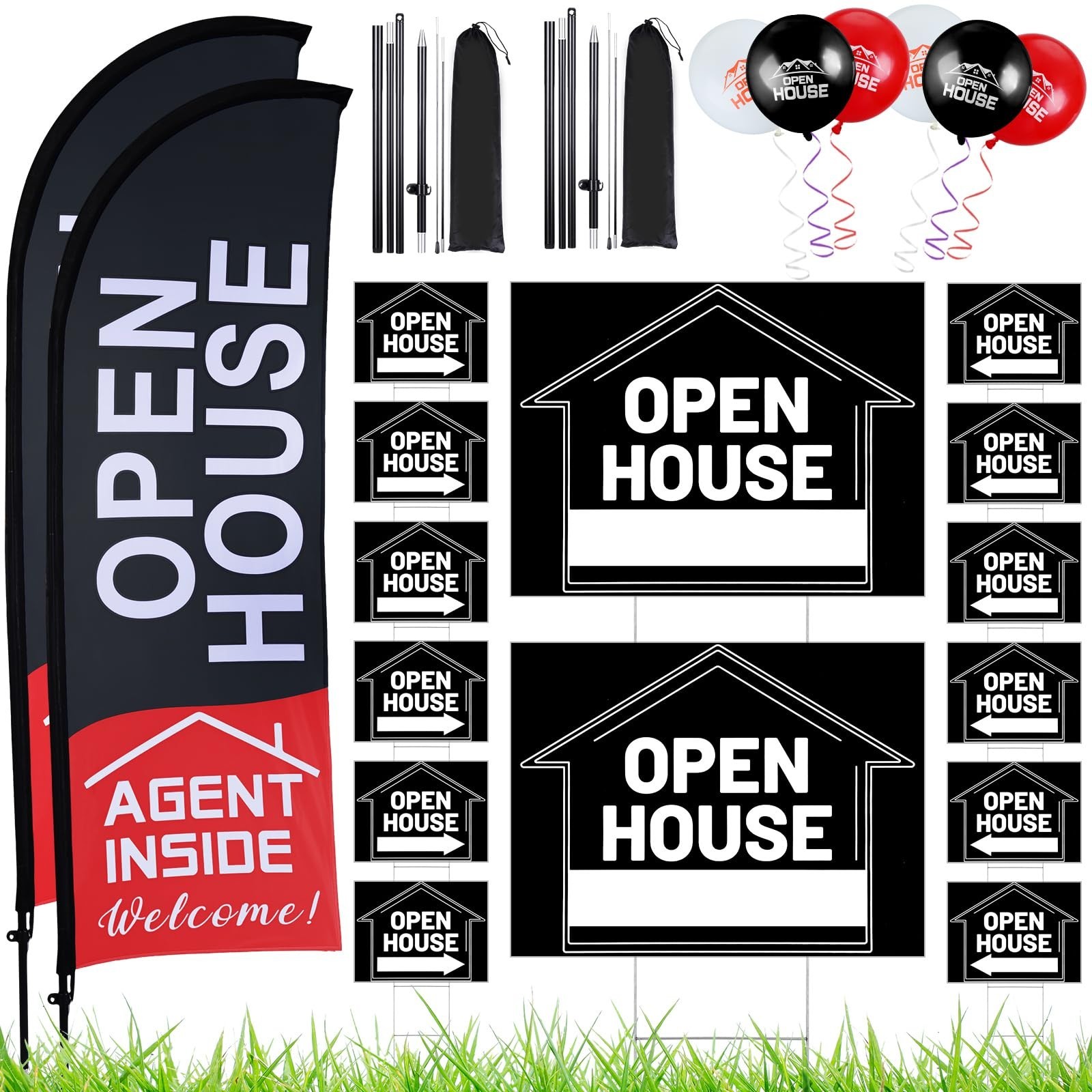 106 Pcs Real Estate Kit – Open House Flags, Directional Signs, Balloons & Stakes