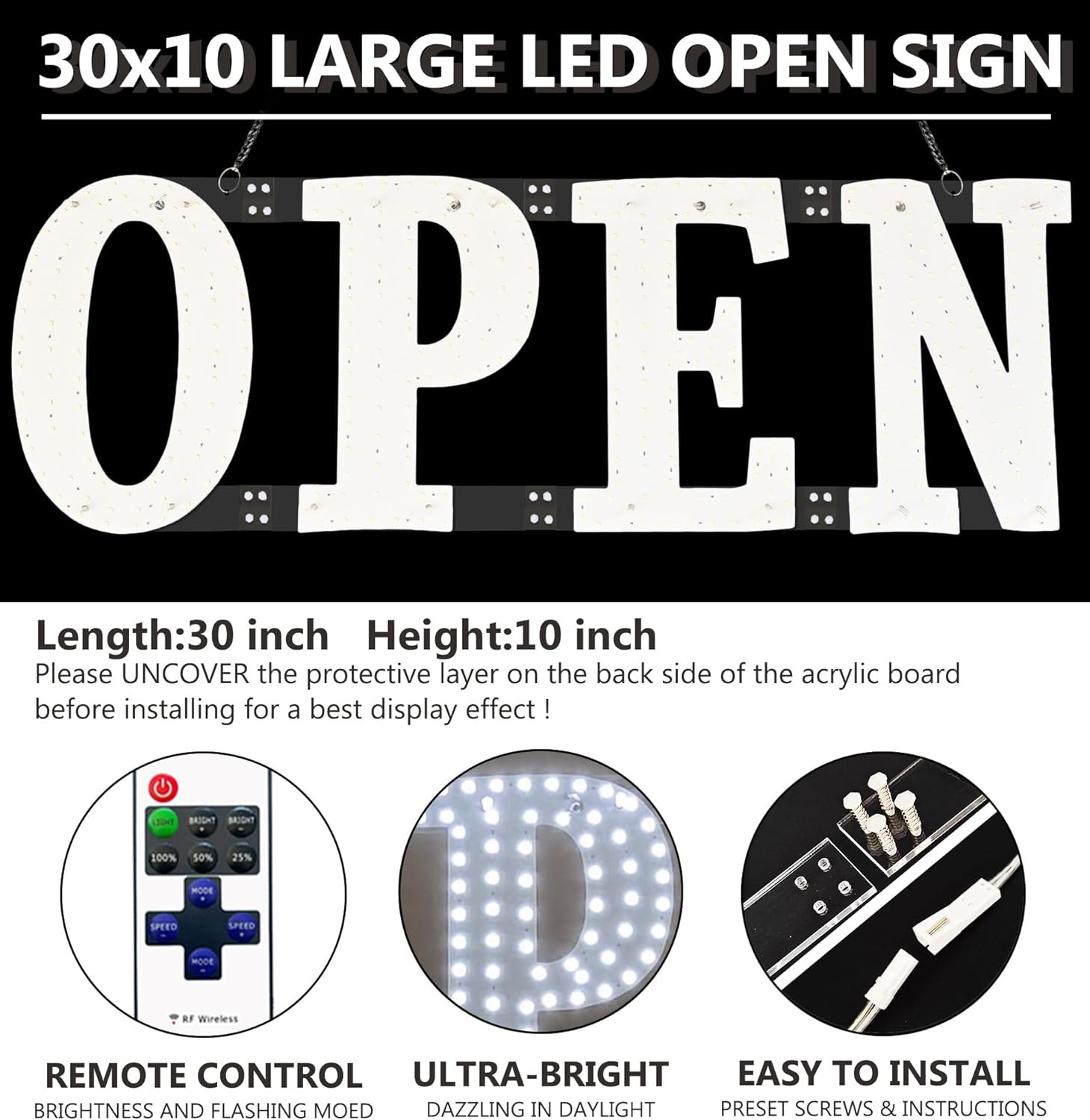 Ultra Bright LED Open Sign 30×10 with Remote for Cafe, Salon, Retail Store