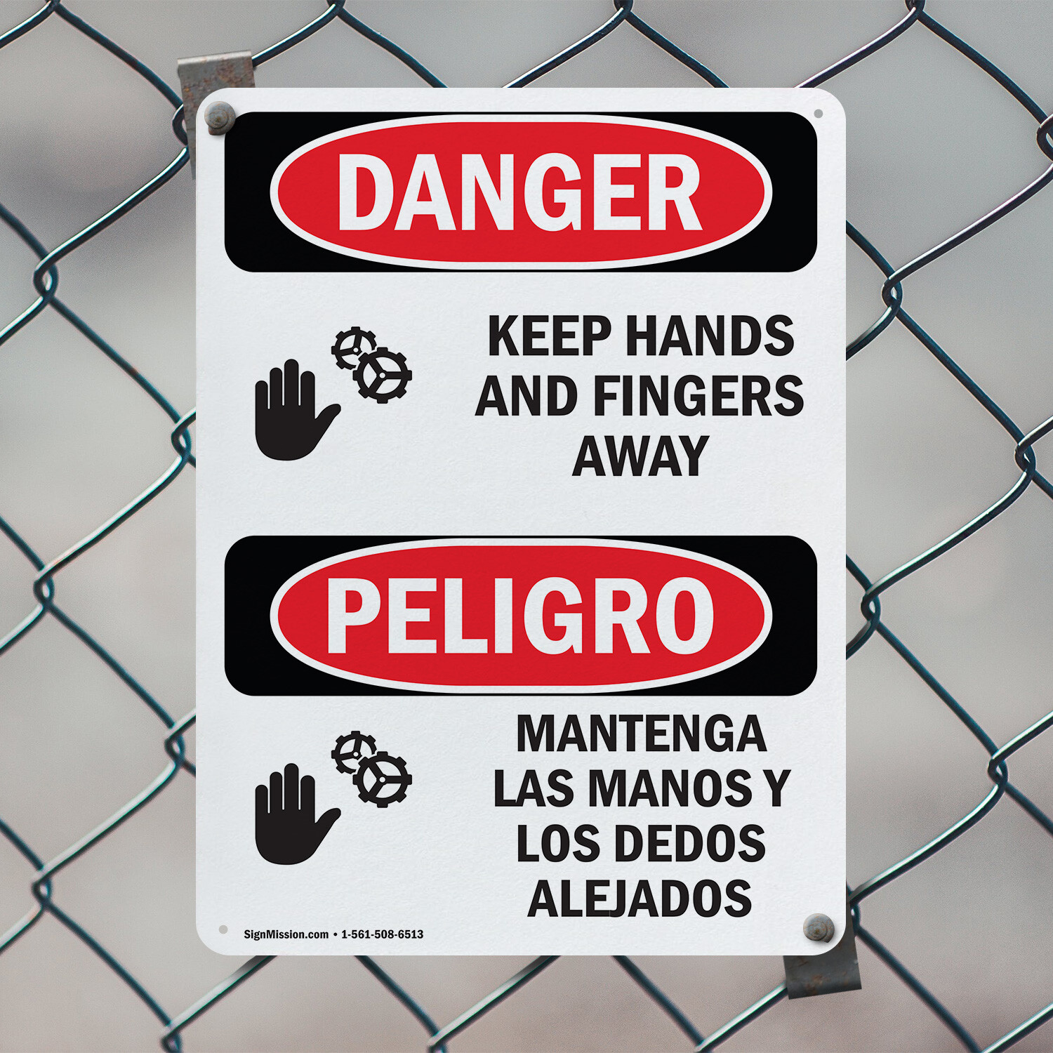 (2 Pack) Keep Hands And Fingers Away Bilingual OSHA Danger Sign Decal Metal