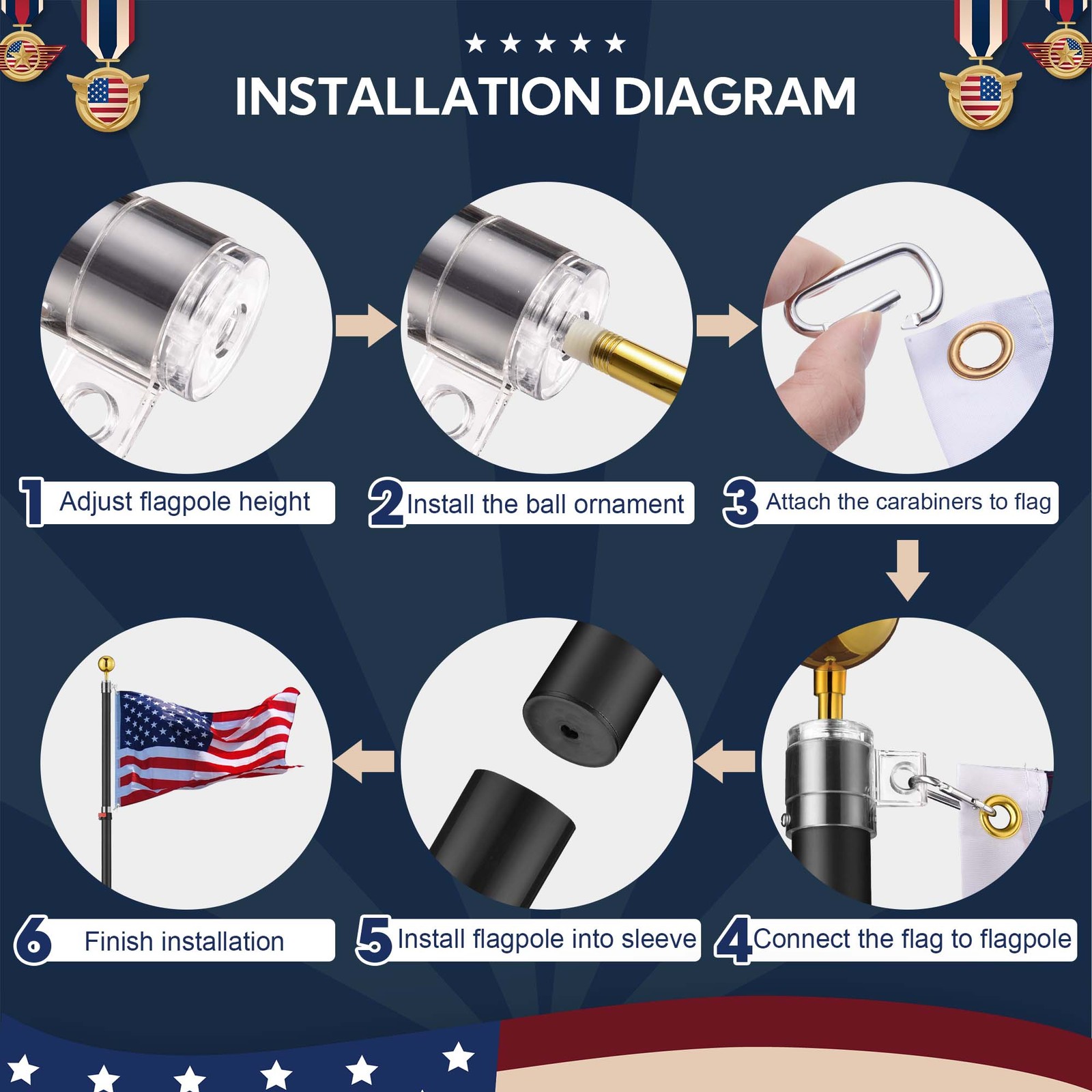 Yescom EZ GO 20′ Telescopic Flag Pole Kit Solar Light US Flag Eagle Topper Black