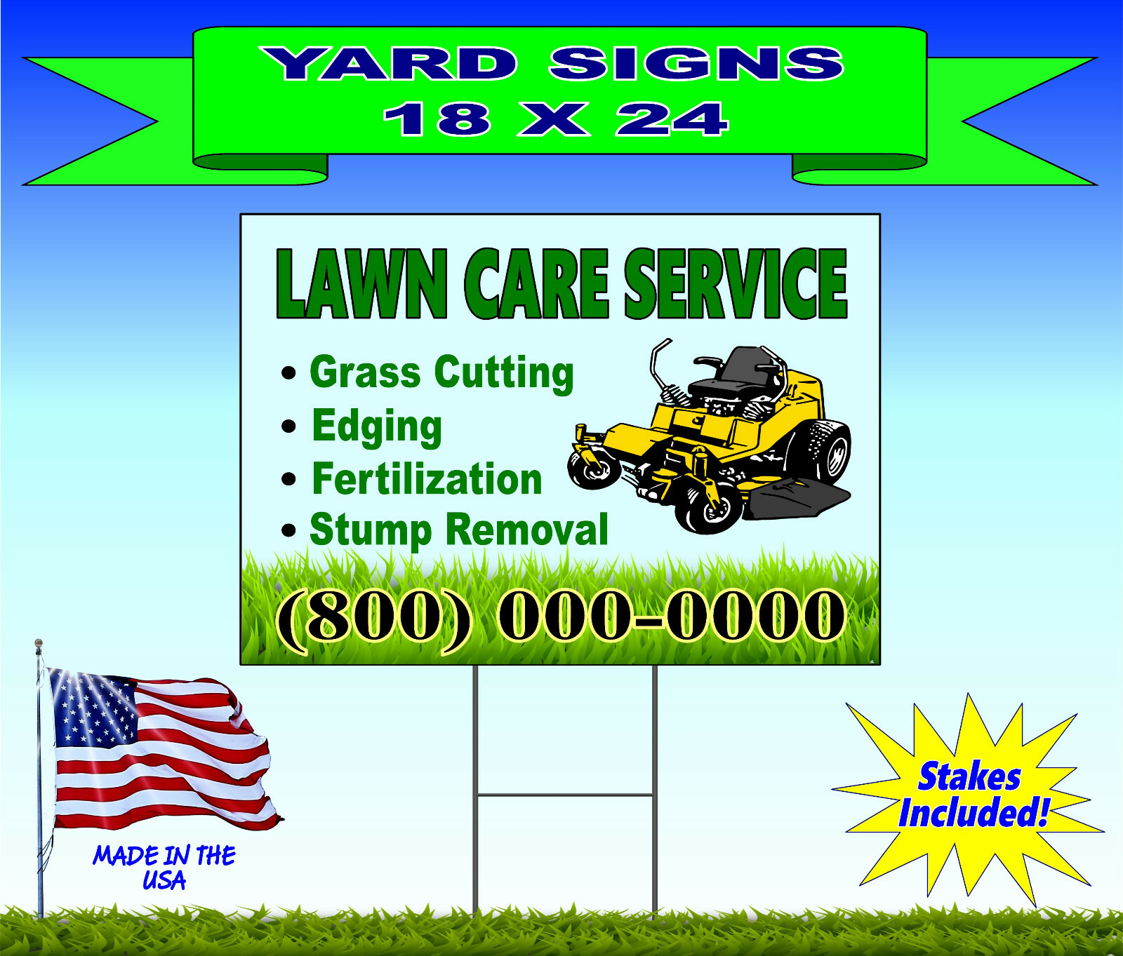 100 – 18×24 Yard Signs – Custom Design – Full Color – 2 Sided – Stakes Included!