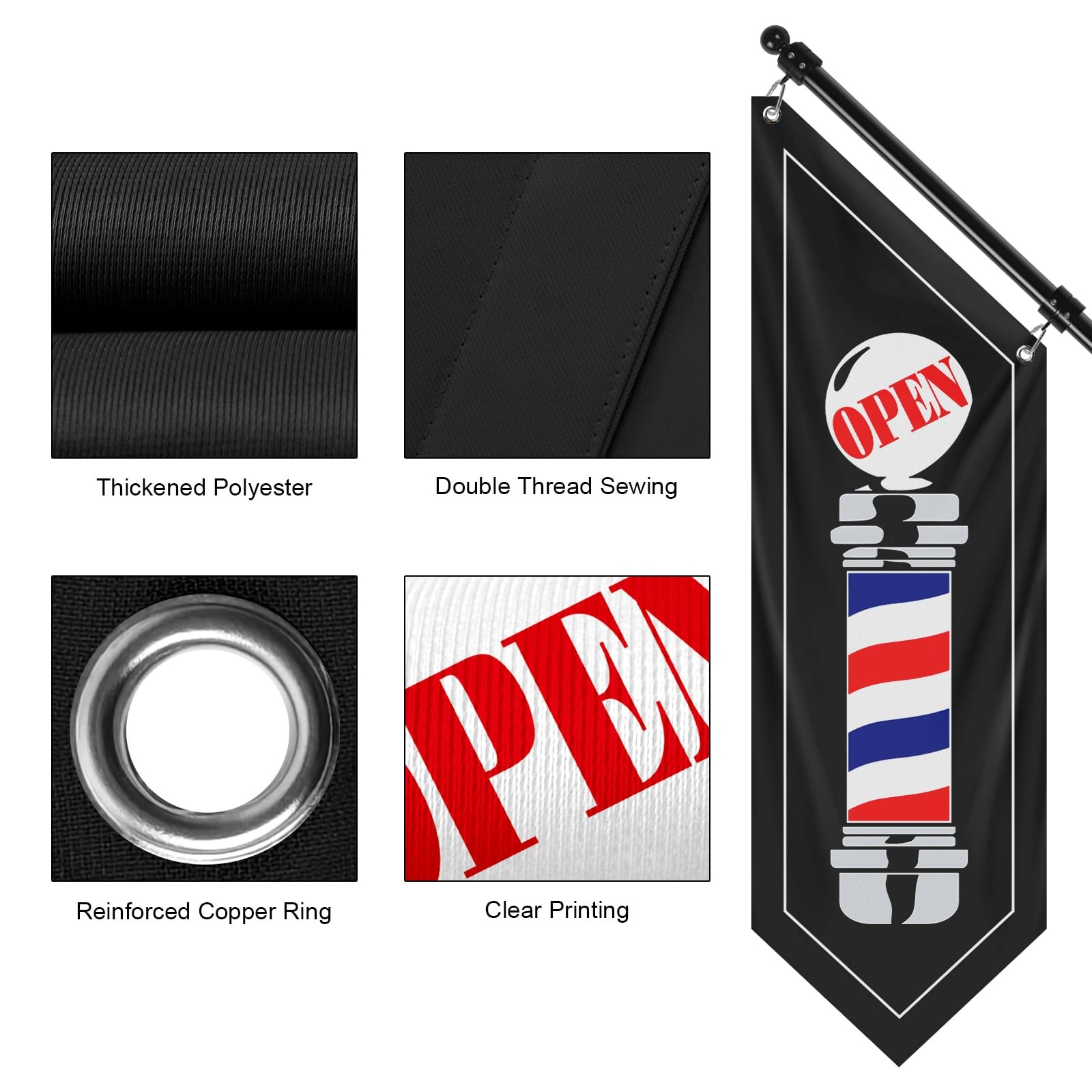 QSUM Barbershop Flag, Double-Sided Open Flag with Pole Kit & Wall Mount, Outd…