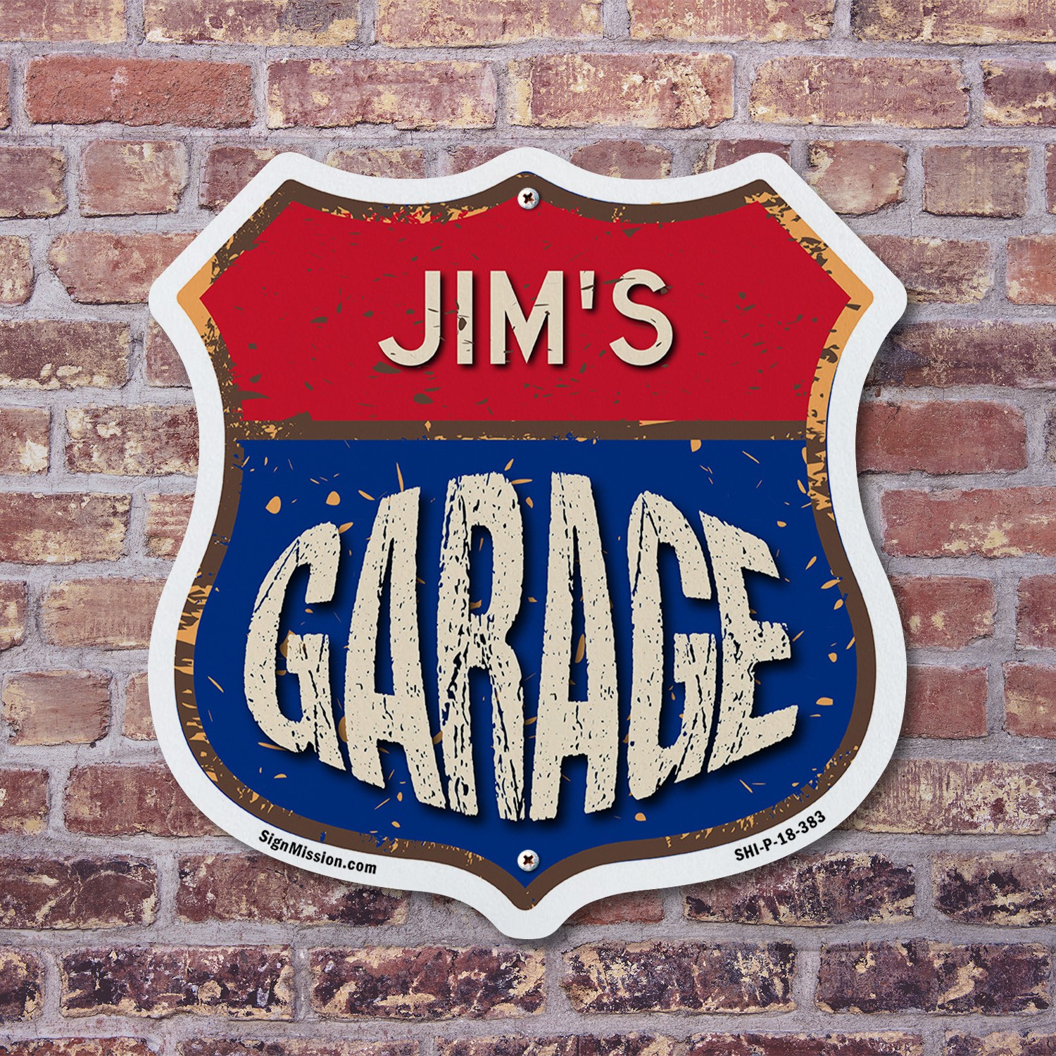Jim’s Garage Shield Shaped Sign Weather Resistant Crafted in the USA