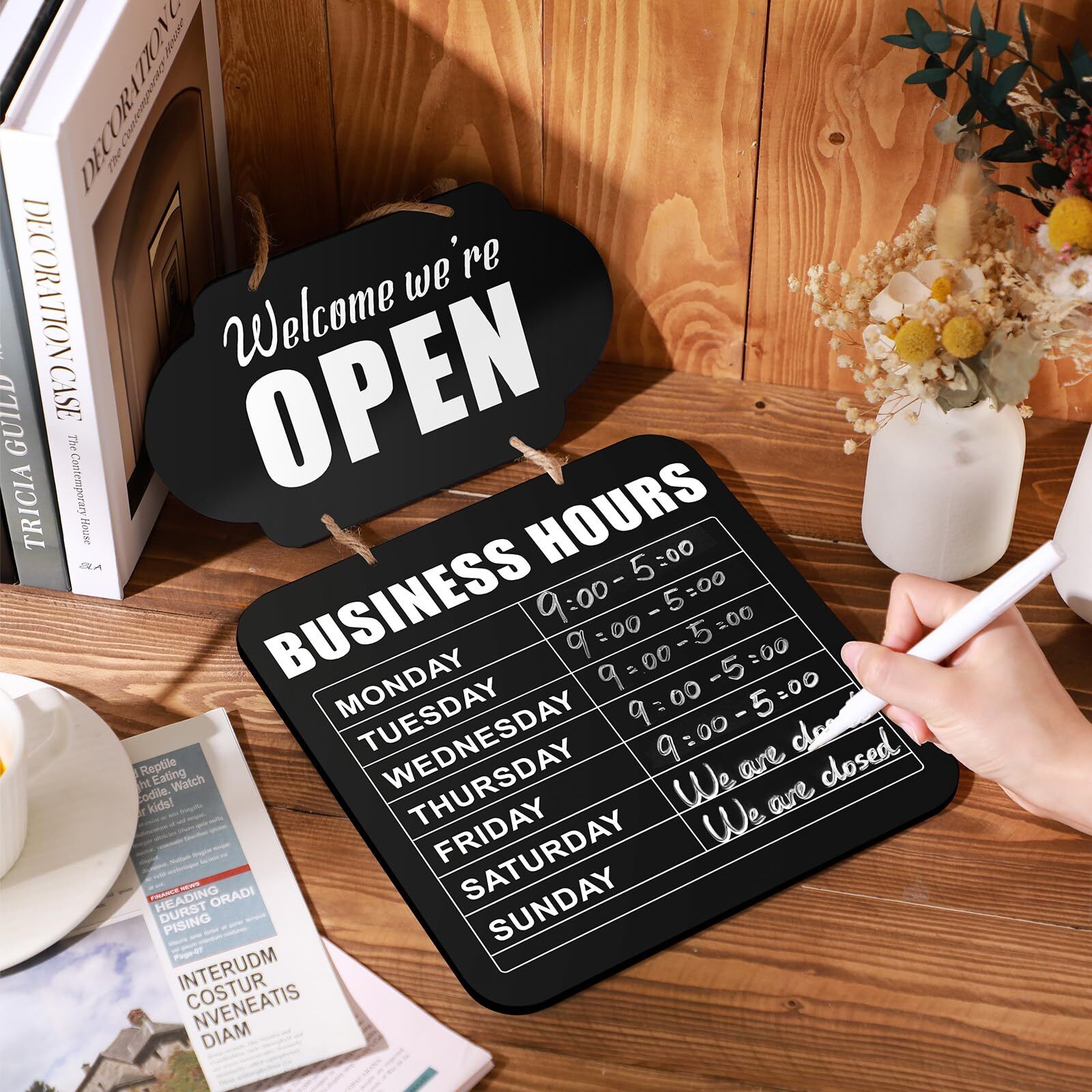Business Hours Hanging Chalkboard Open Closed Sign Wooden Welcome Chalk Board…