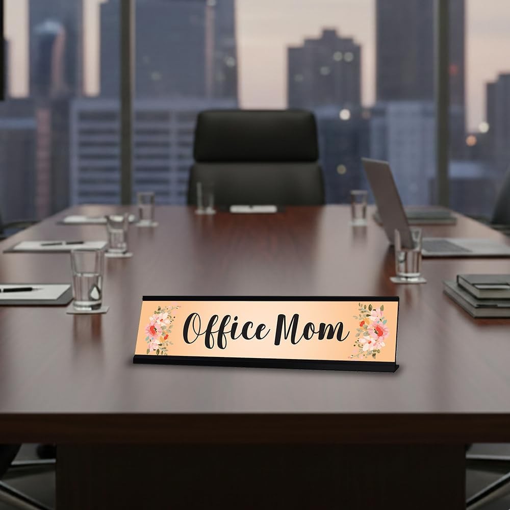 Office Mom, Orange Floral Designer Office Gift Desk Sign (2 x 8″)