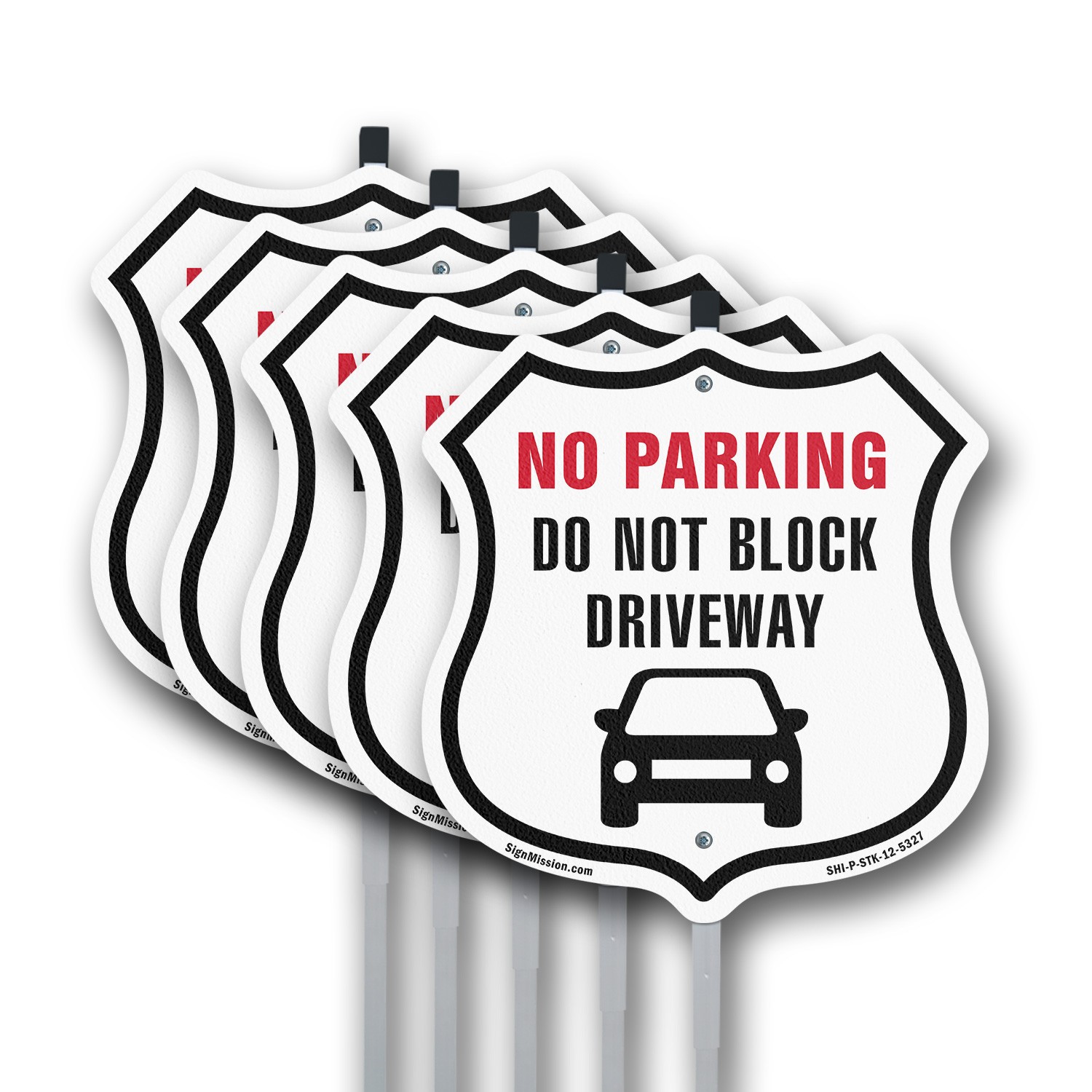NO PARKING Do Not Block Driveway Shield Shaped Sign With Stake Weather Resistant