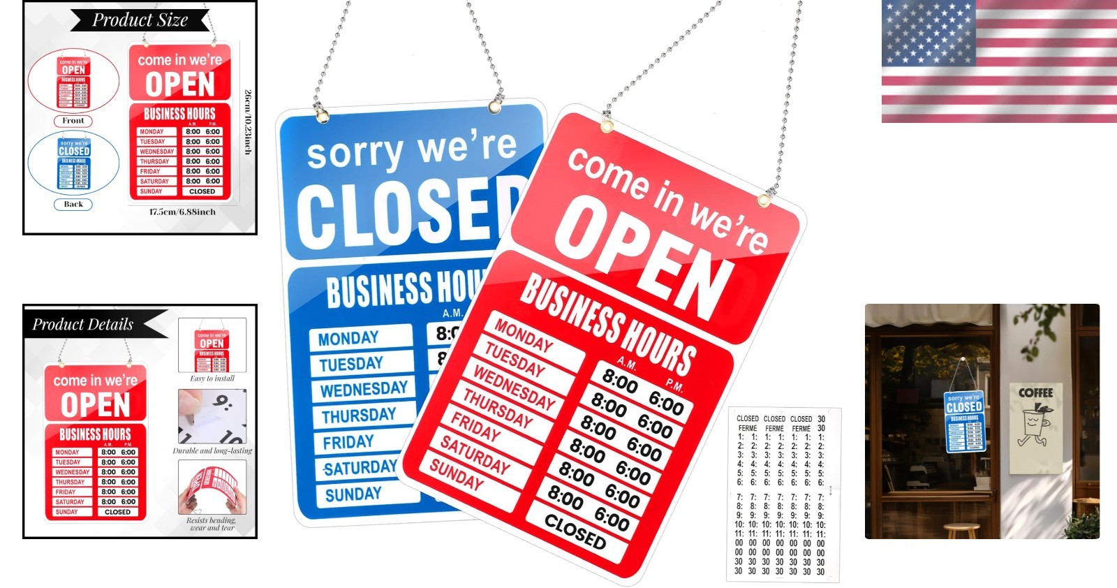 Customizable Open/Close Business Hours Sign – Ideal for Glass Doors, 10.63″x6.9″