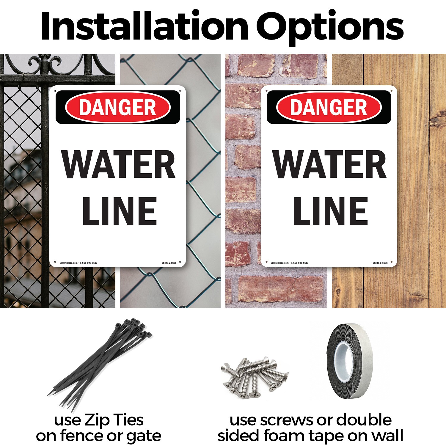 Portrait Water Line OSHA Danger Sign Metal, Plastic, Or Decal – 5 or 10 Pack