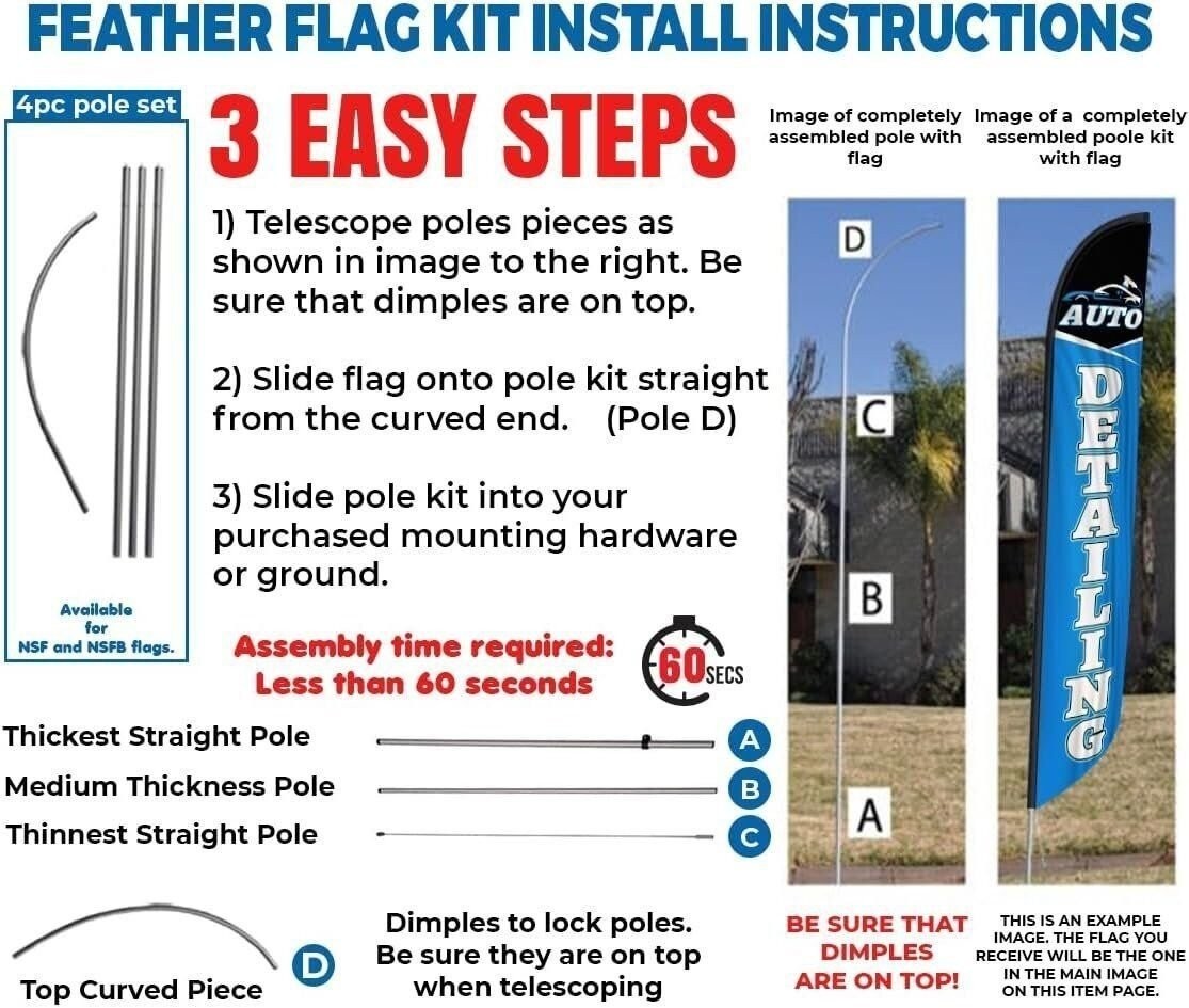 Auto Detailing Advertising Feather Banner Swooper Flag Kit with Flag Pole and…