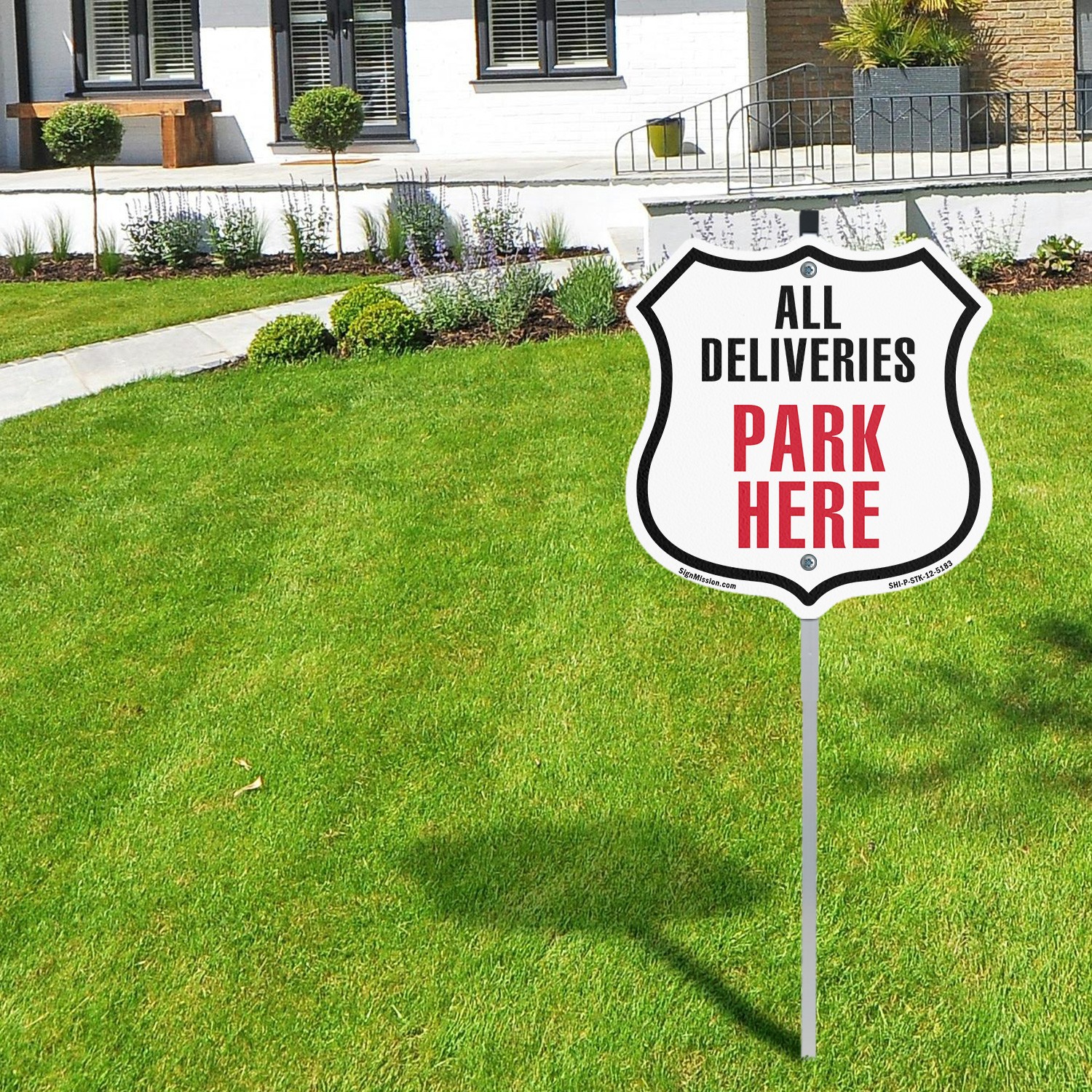 All Deliveries Park Here Shield Shaped Sign With Stake Crafted in the USA