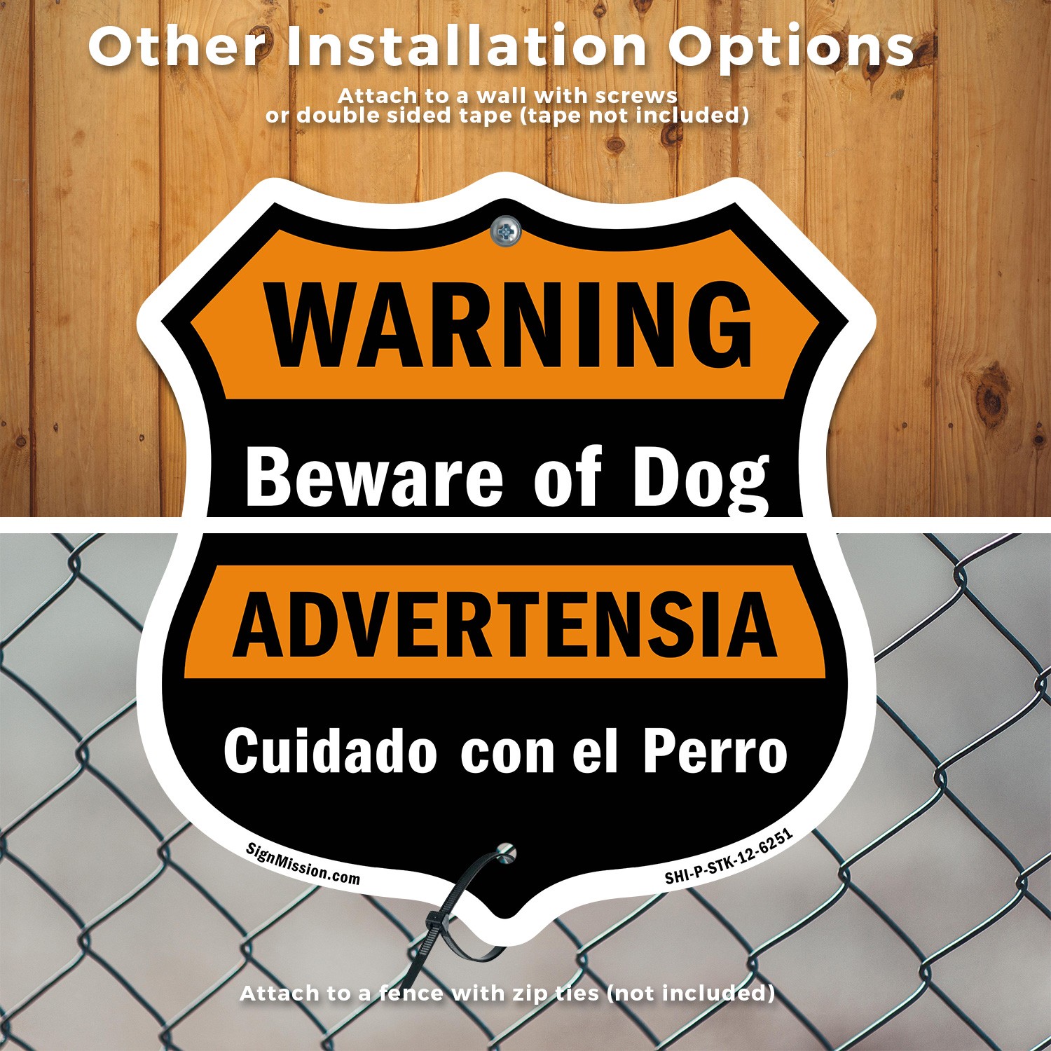Beware of Dog Bilingual English / Spanish Shield Shaped Sign With Stake