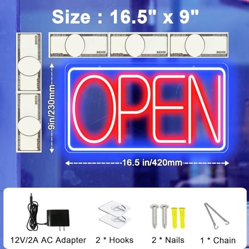 16.5″ X 9″ LED Neon Open Signs for Business -12V/2A Ultra Bright Sign Restaurant