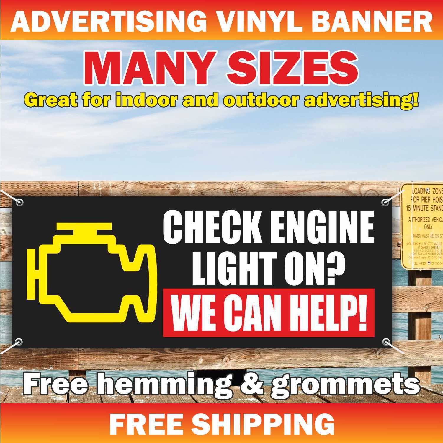 CHECK ENGINE Advertising Banner Vinyl Mesh Sign Auto Repair Shop Service Garage