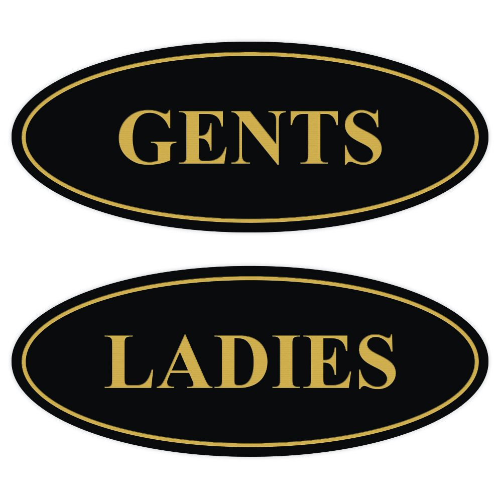 Oval LADIES GENTS Restroom Signs – 2 Pack – Black / Gold Medium