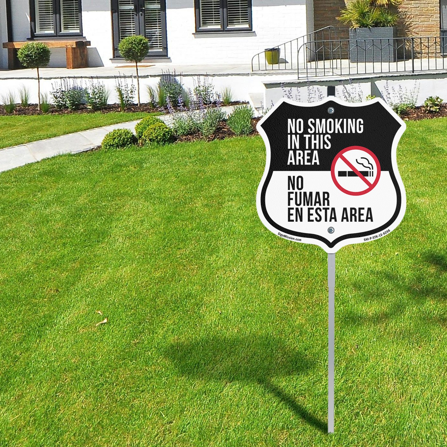 No Smoking In This Area Bilingual English Spanish Shield Shaped Sign With Stake