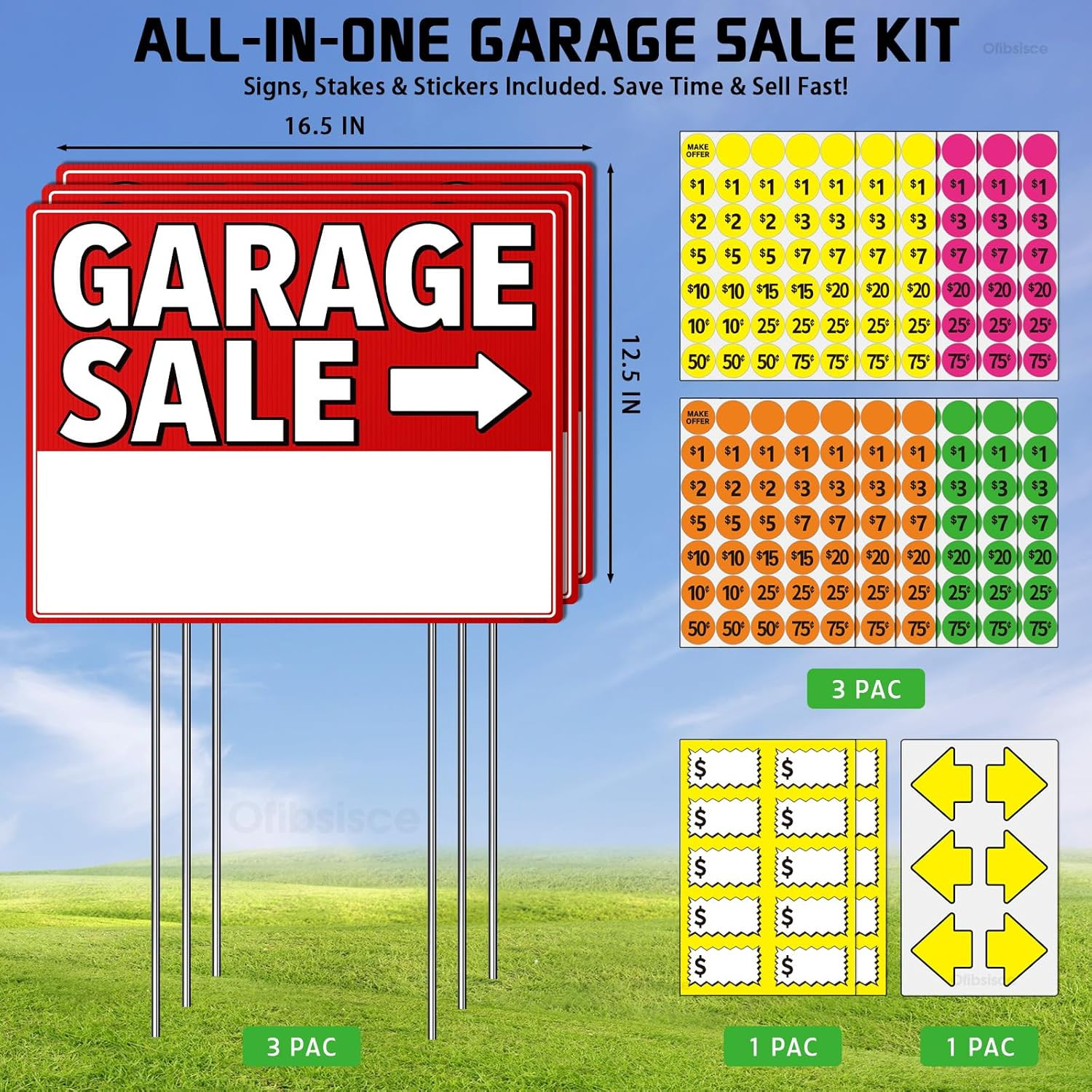Garage Sale Sign Kit with Stakes – 17X13″ Yard Sale Signs for Custom Route Navig