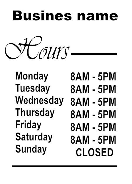 Custom Business Store Hours Sign Decal Sticker 12×18 EXTERIOR Window Door