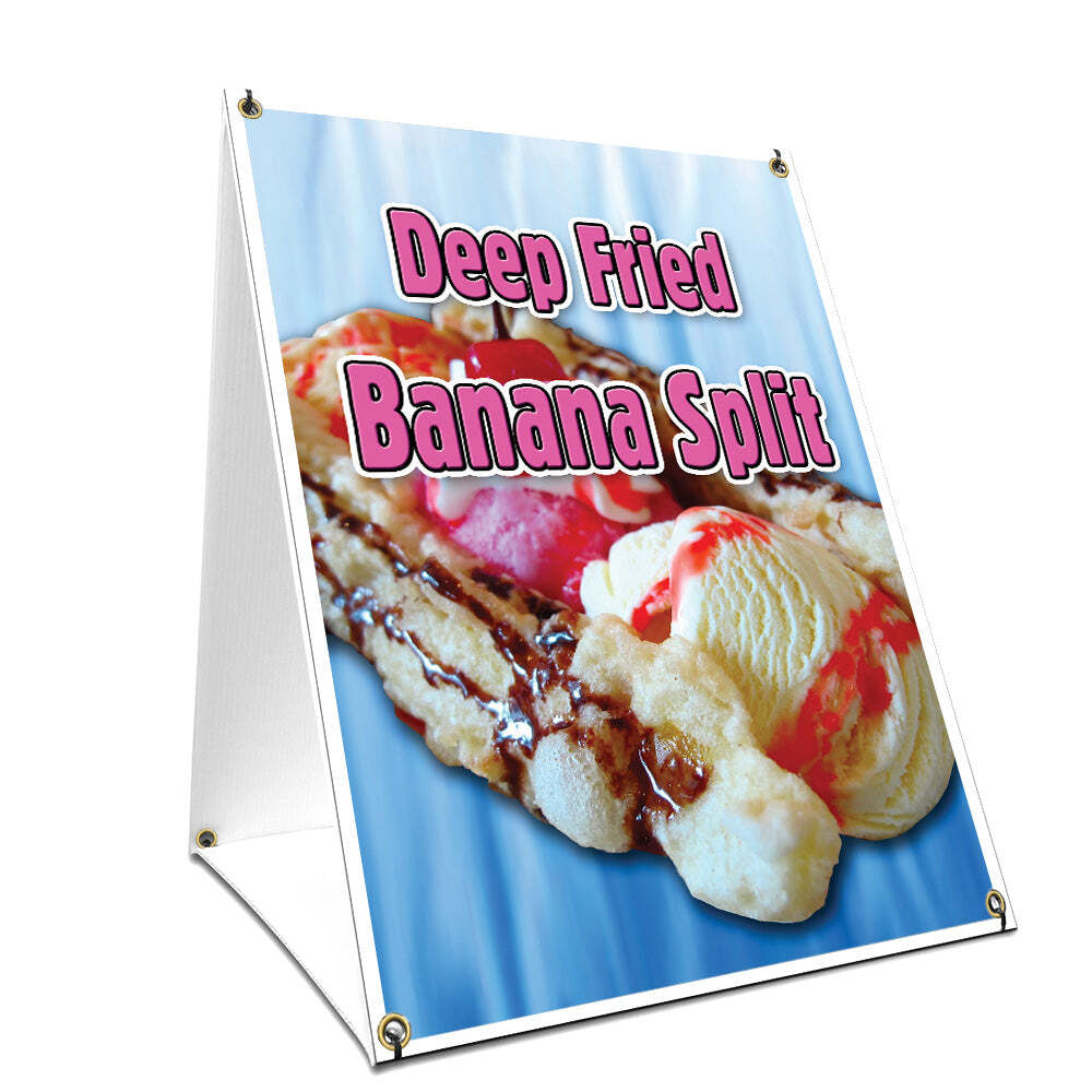 A-frame Sidewalk Deep Fried Banana Split Sign With Graphics On Each Side