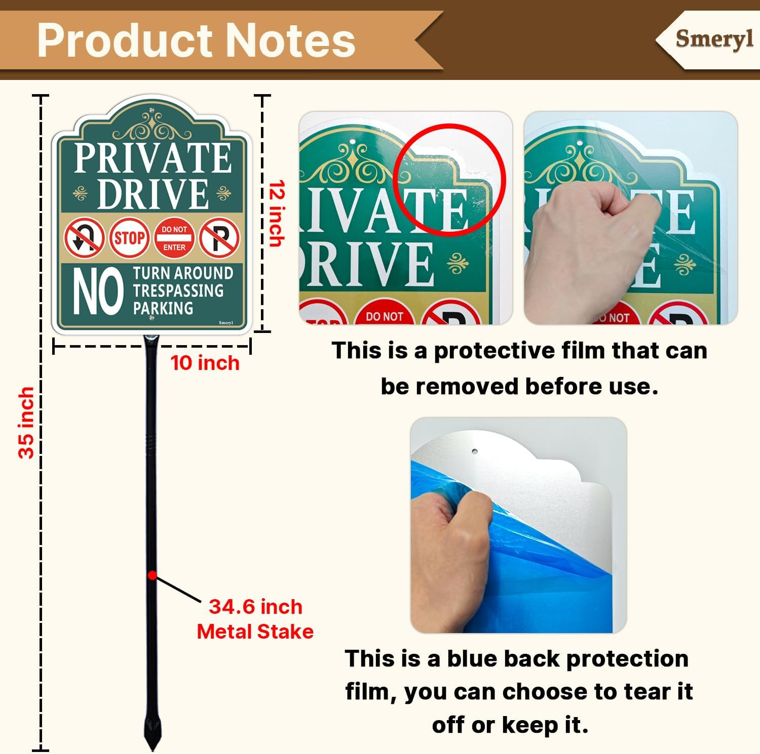 Private Drive No Turn around Sign with 34.6″ Stake for Yard, 12″ X 10″ Private D