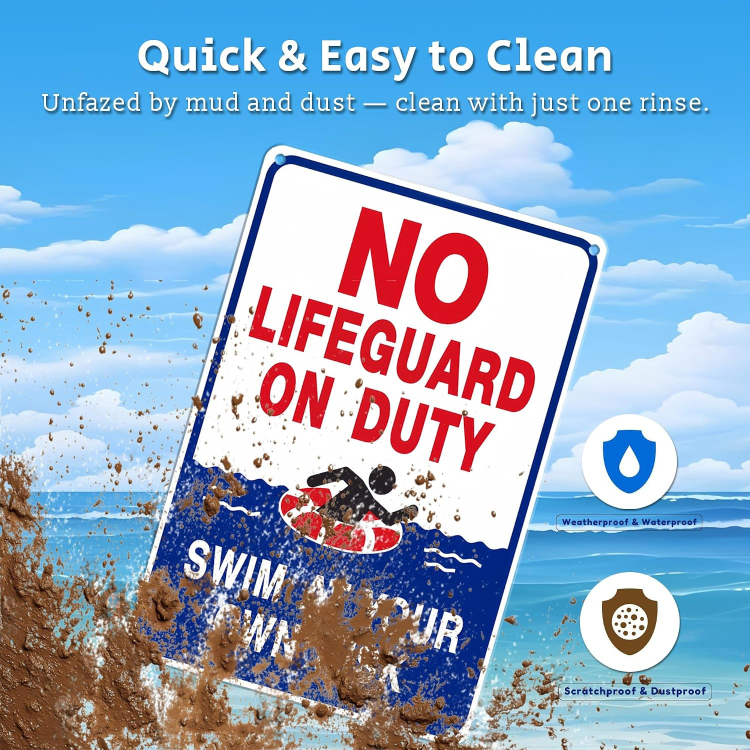 8X12 Aluminum “No Lifeguard on Duty” Sign – Swim at Your Own Risk Safety Warning