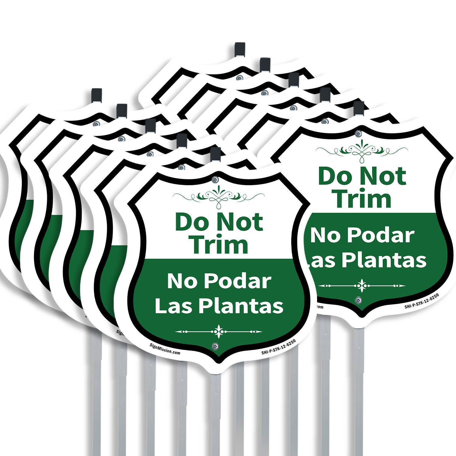 Do Not Trim Bilingual English / Spanish Shield Shaped Sign With Stake