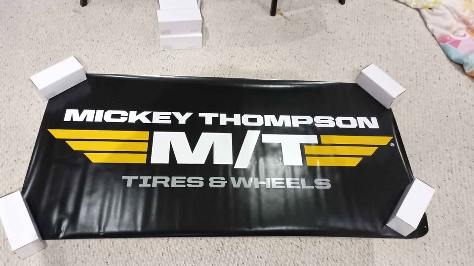 Mickey Thompson tires dealer banner 5 ft wide 30-in tall brass grommets