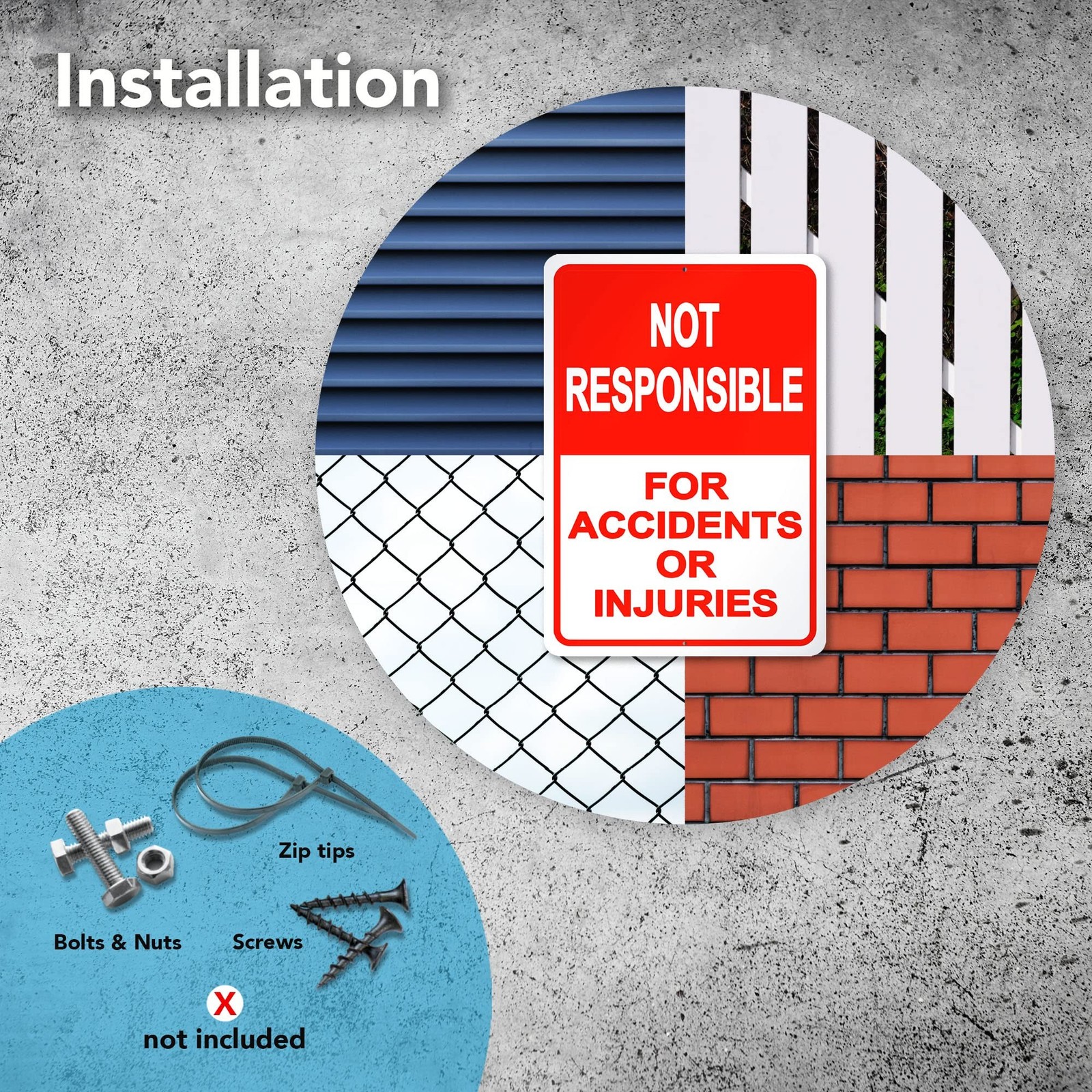 2-Pack Property Warning Sign: Not Responsible for Accidents or Injuries, 10″ x 7