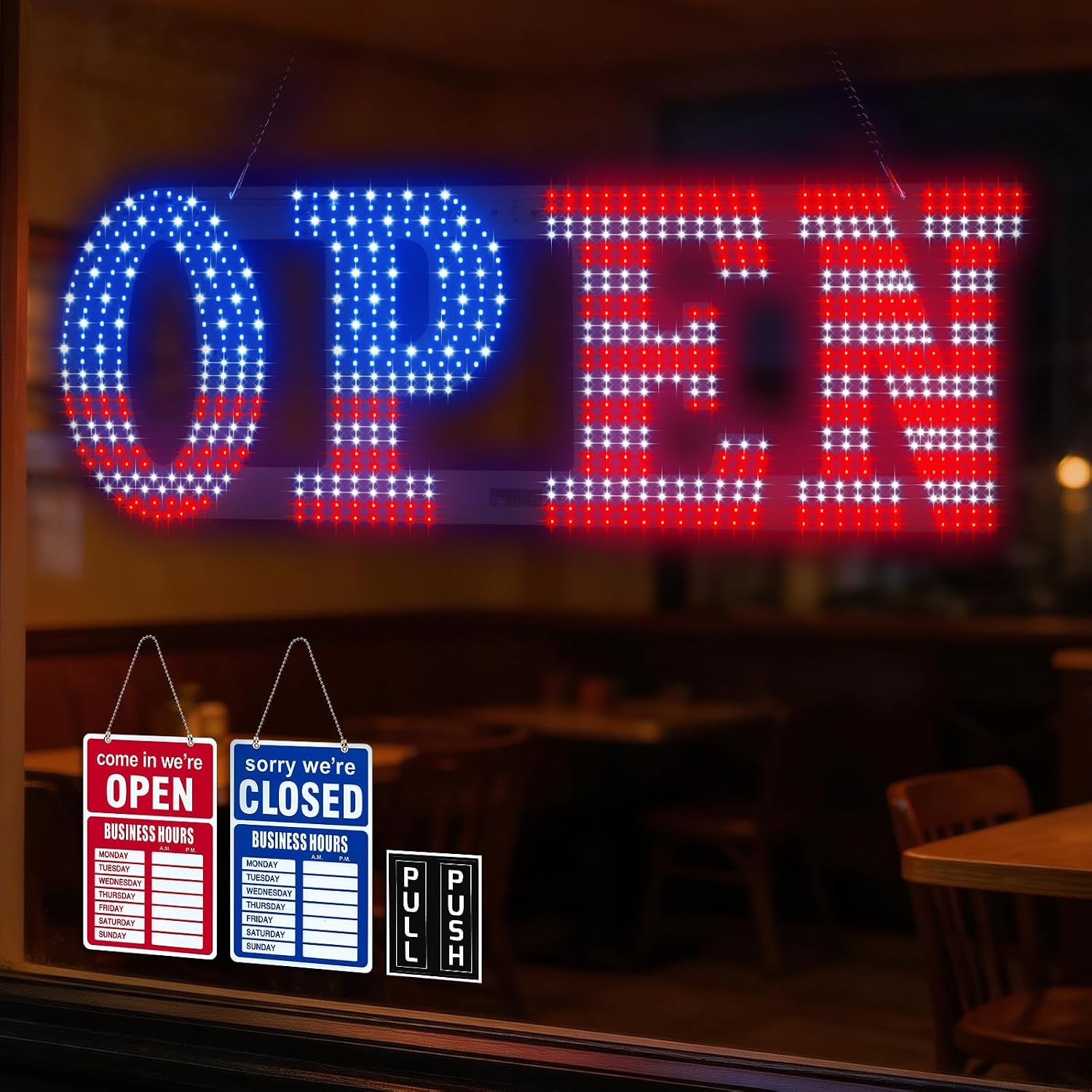 Large 30×10 Inch US Flag LED Open Business Sign Super Bright Hanging Indoor