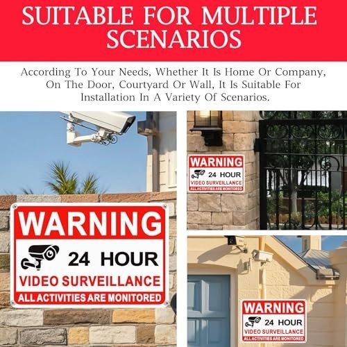 4 Pack Video Surveillance Signs, 8 x 12 Inch Aluminum Camera Signs, CCTV Secu…