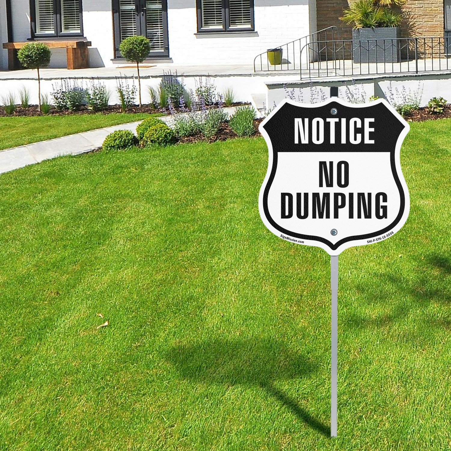 Notice No Dumping Shield Shaped Sign With Stake Crafted in the USA