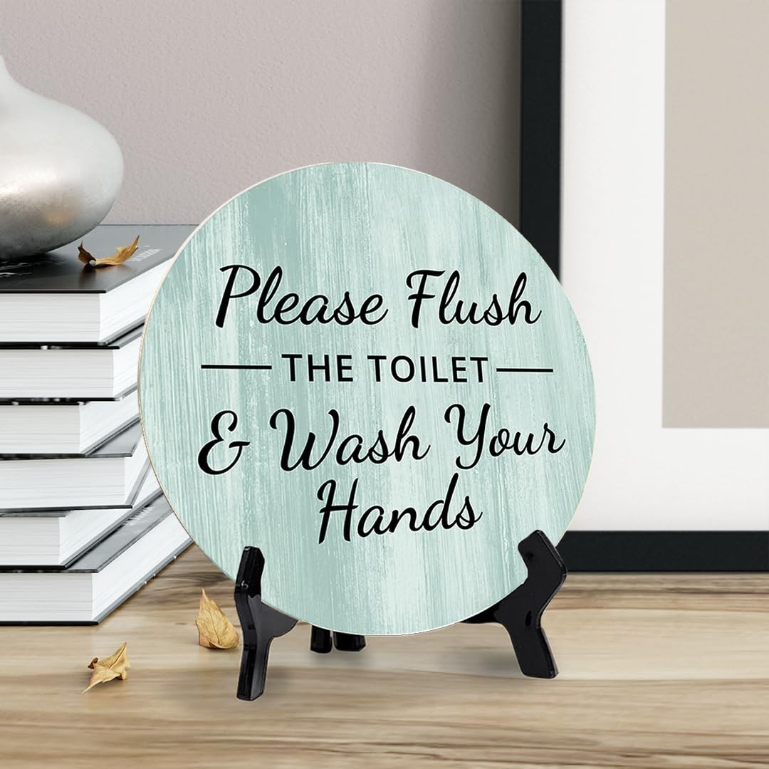 5×5 Inch Round Please Flush The Toilet Wash Your Hands Wood Bathroom Table Sign