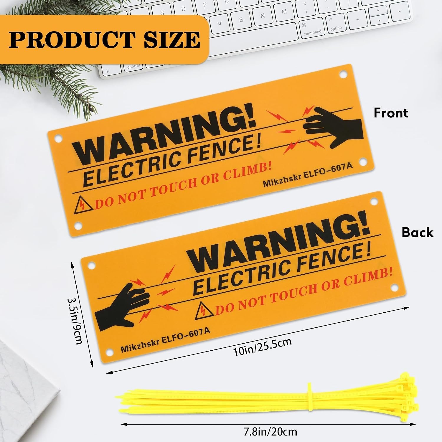 Electric Fence Warning Signs with Zip Ties 10 x 3.5 Inch Plastic Yellow Elect…
