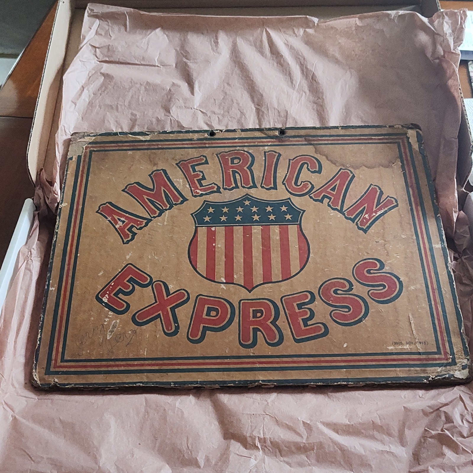 Vintage American Express Double Sided Sign. 15 X 12 Inches. Press board. 1913