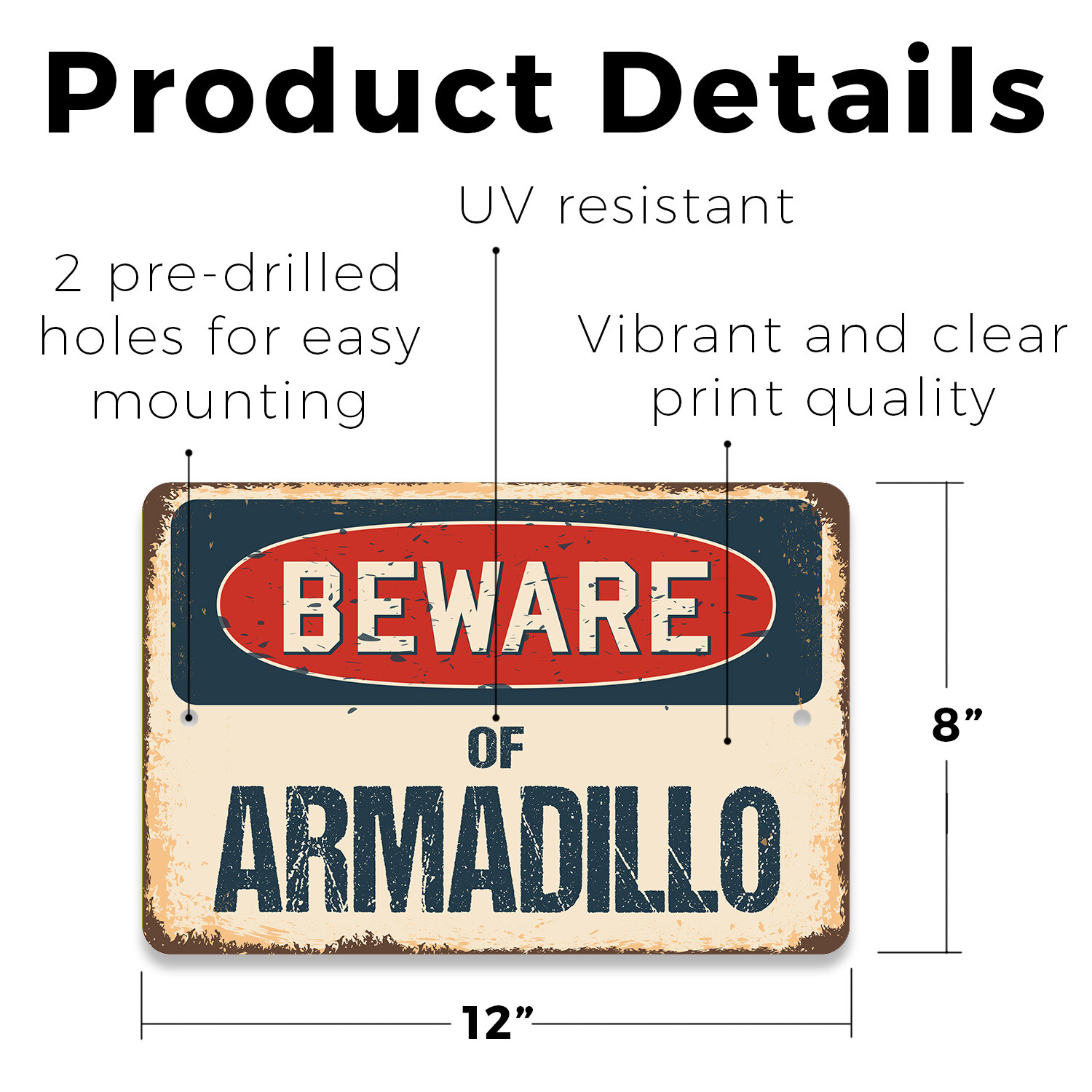 Armadillo (3 Pack) Plastic Street Sign Crossing Warning Vintage Rustic Beware