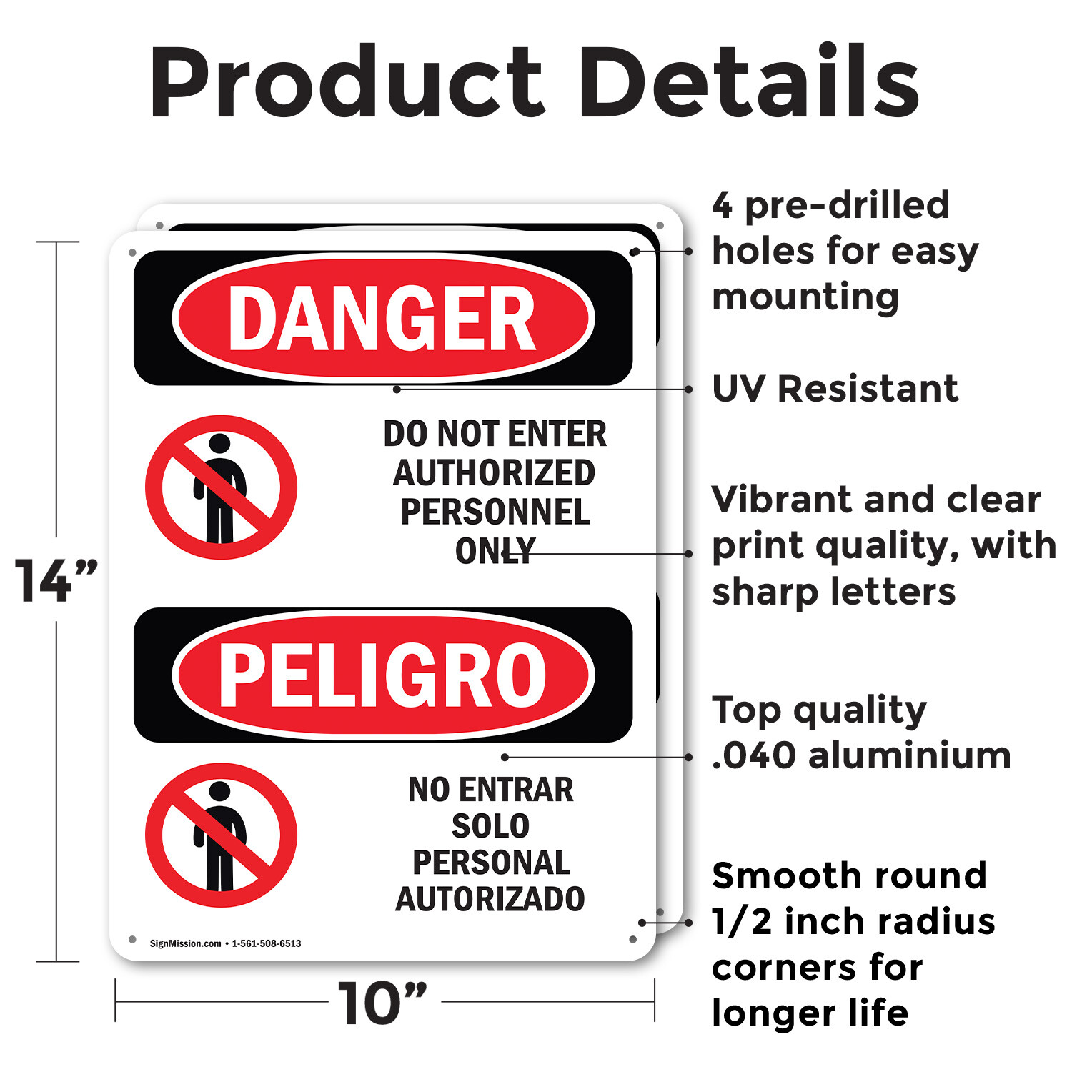 (2 Pack) Do Not Enter Authorized Only Bilingual OSHA Danger Sign Decal Metal
