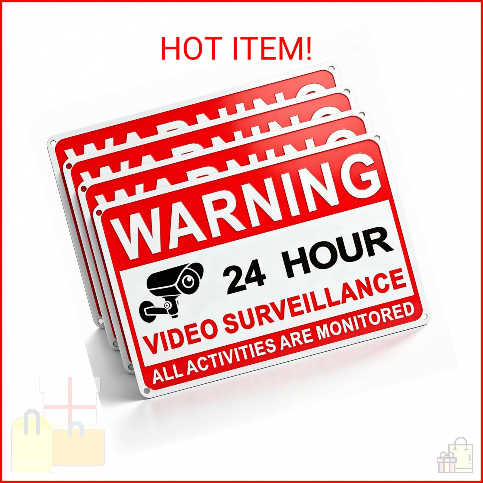 4 Pack Video Surveillance Signs, 24hr Monitoring No Trespassing Camera Sign