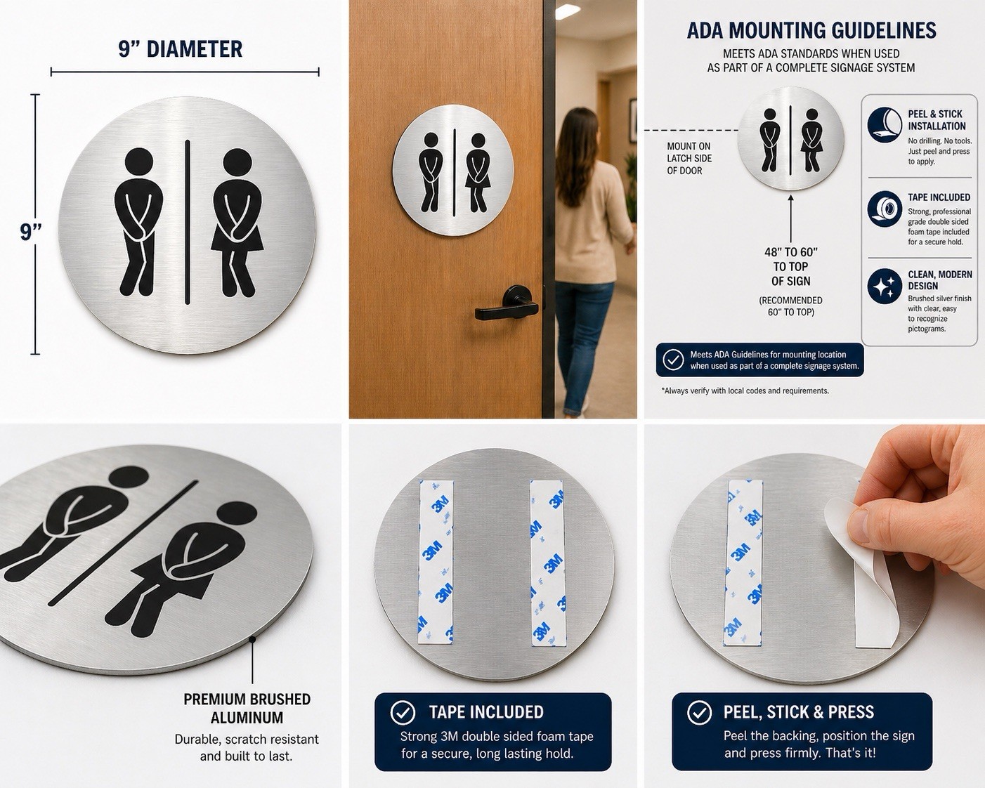 “9” Brushed Aluminum Unisex Restroom Sign Non ADA Door Sign Peel Stick”