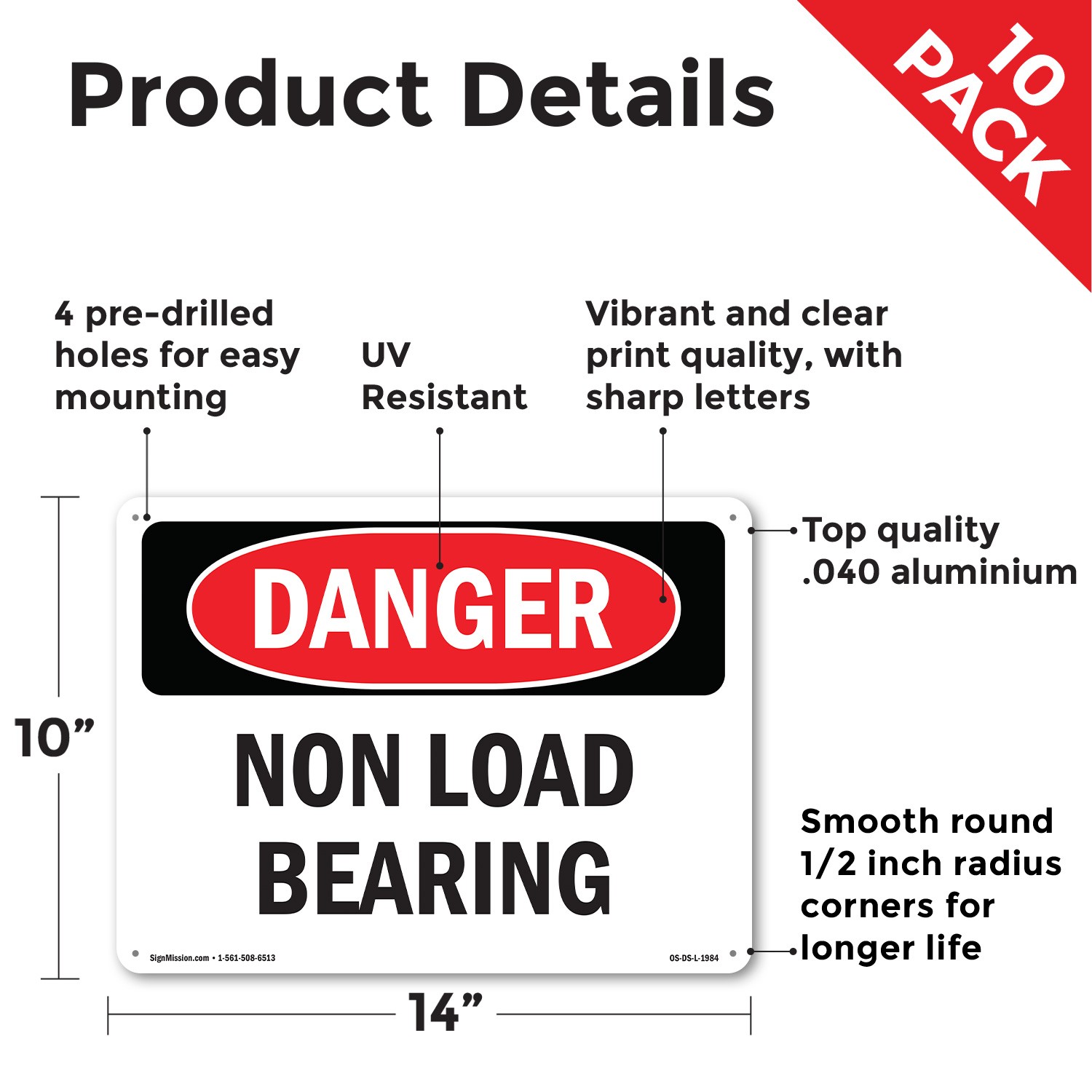 Non Load Bearing OSHA Danger Sign Metal, Plastic, Or Decal – 5 or 10 Pack