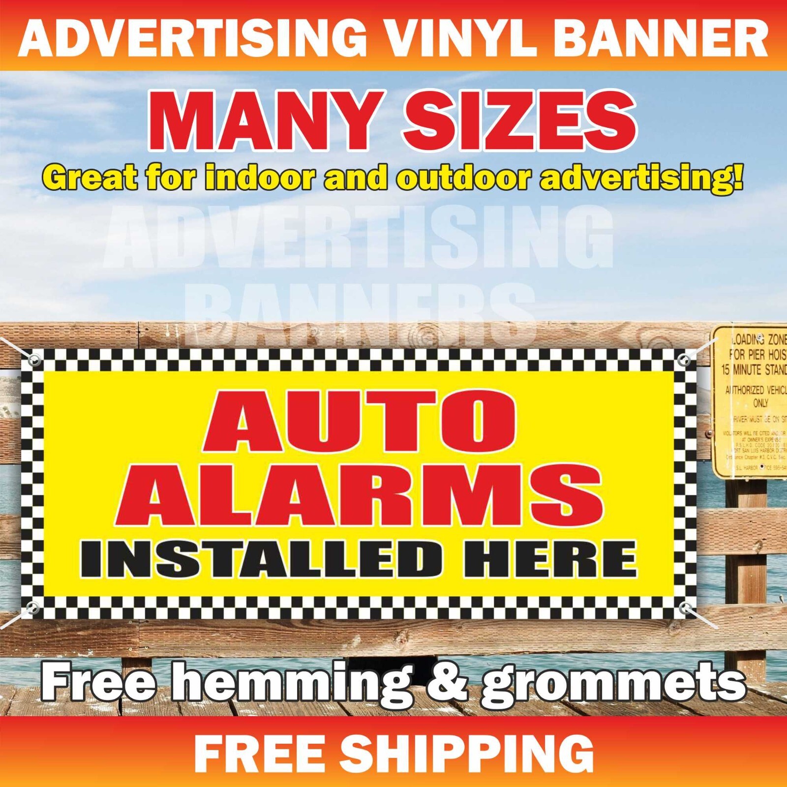 AUTO ALARMS INSTALLED HERE Advertising Banner Vinyl Sign Service Repair Garage