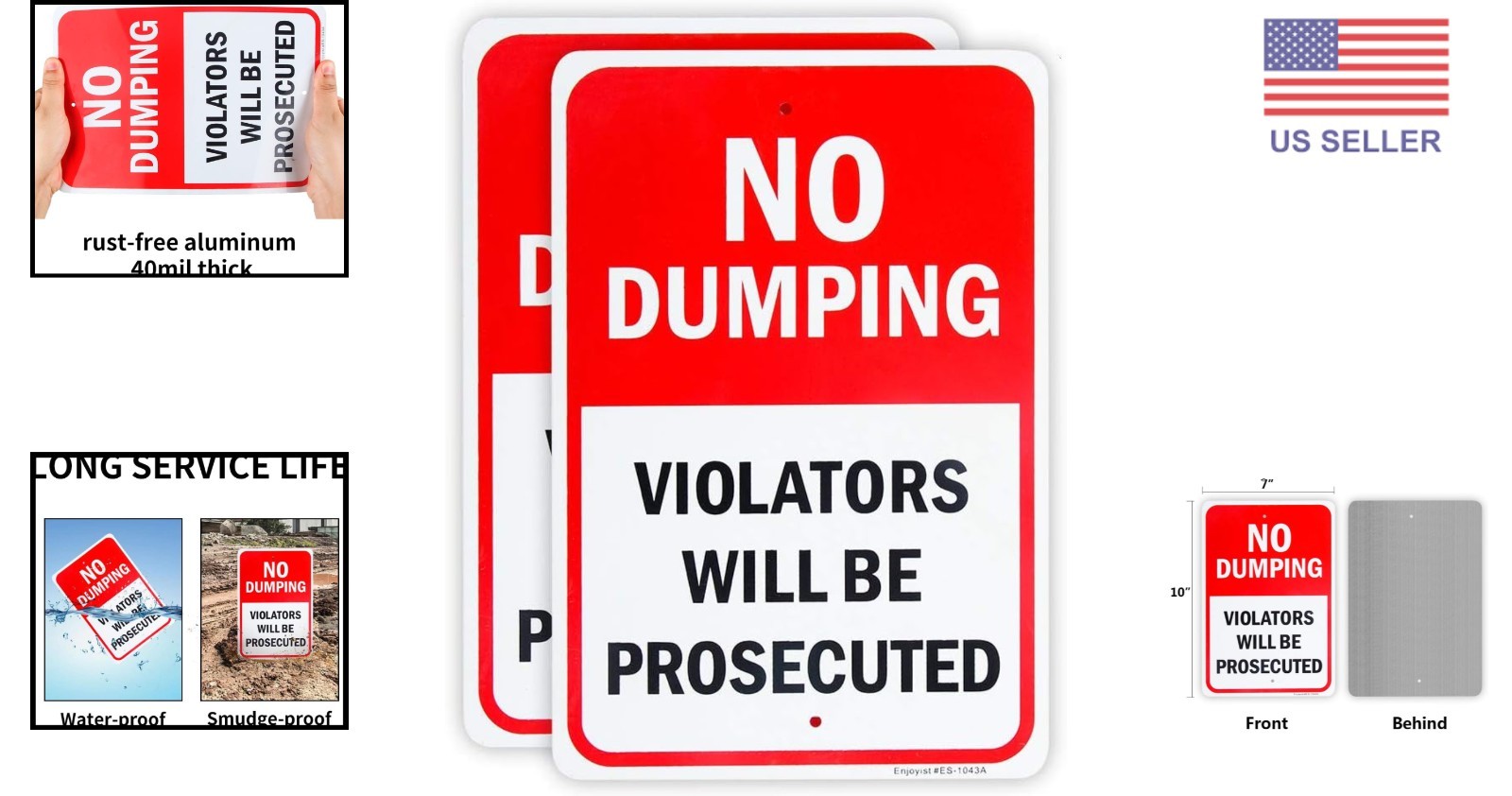 2 Pack No Dumping Signs – Durable 10″ x 7″ Aluminum, Weatherproof & UV Protected