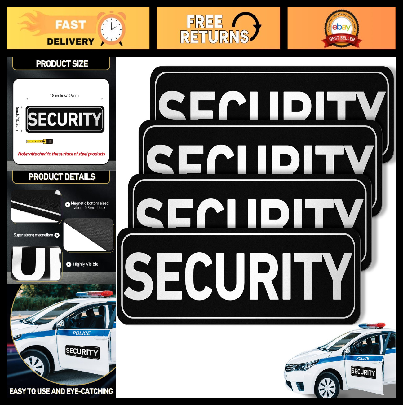 4 Pcs Reflective Magnetic Security Signs for Vehicles – Heavy Duty Waterproof Pa