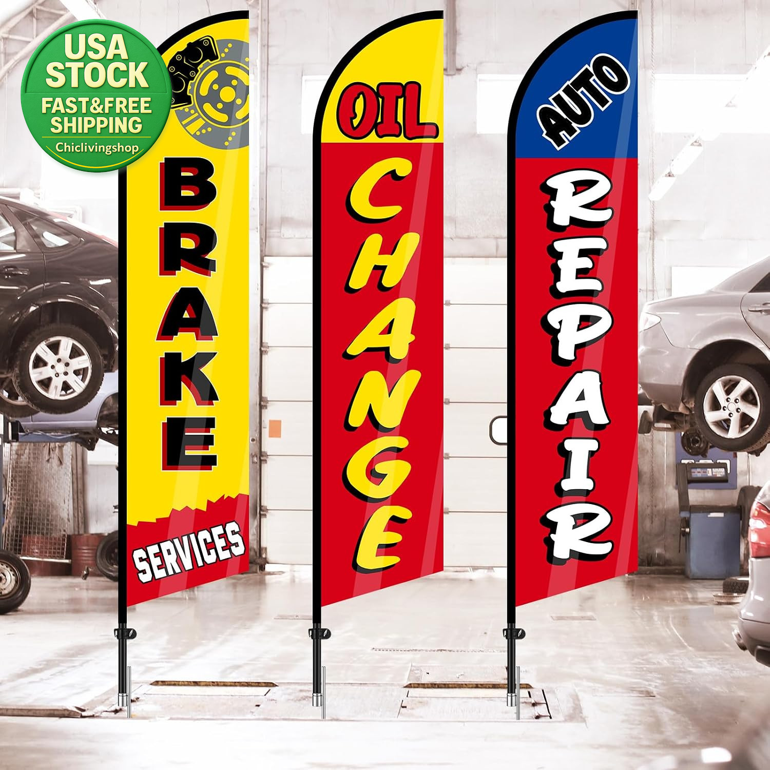 Auto Repair Shop Feather Flags 3 Pack 12X2.5Ft Windless Advertising For