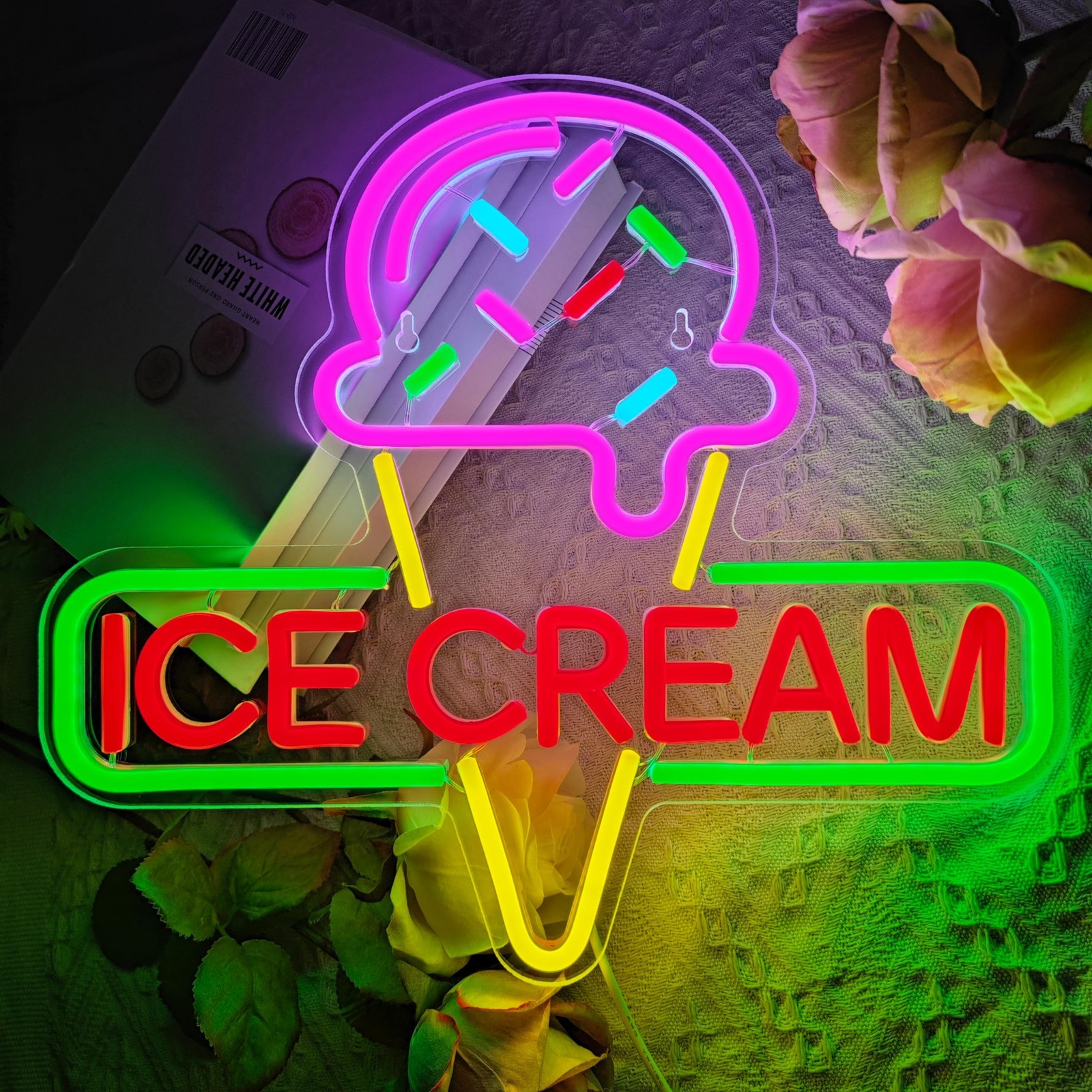Ice Cream Neon Sign Light up Acrylic LED Lamp with USB Powered Ice Cream Lett…