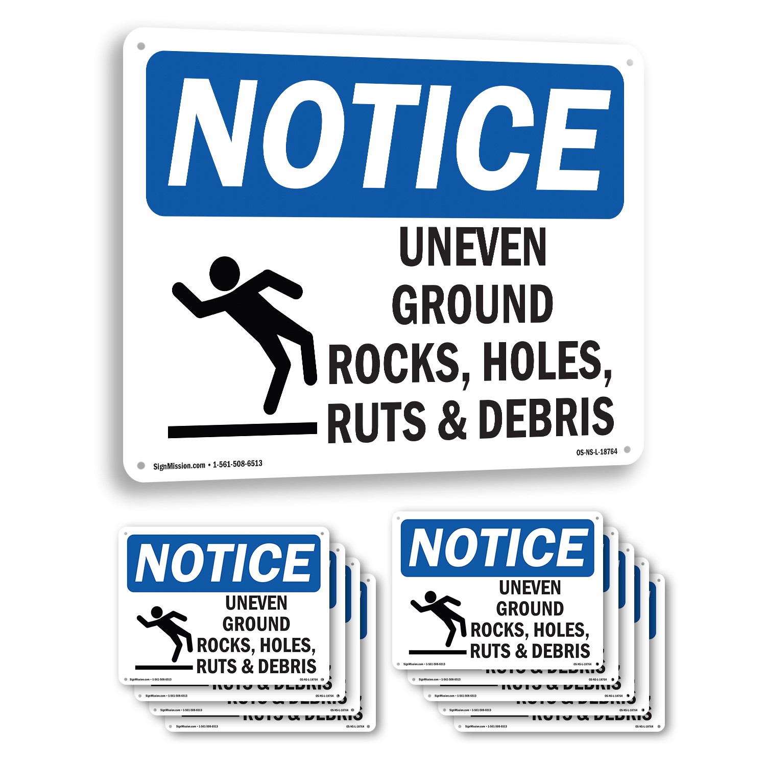 Uneven Ground Rocks Holes OSHA Notice Sign Metal Plastic Or Decal – 5 or 10 Pack