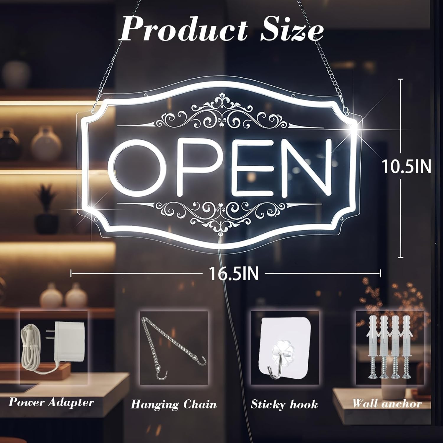 Open Sign for Business, LED Dimmable Neon Open Sign with 12V/2A Adapter, 16.5″ x