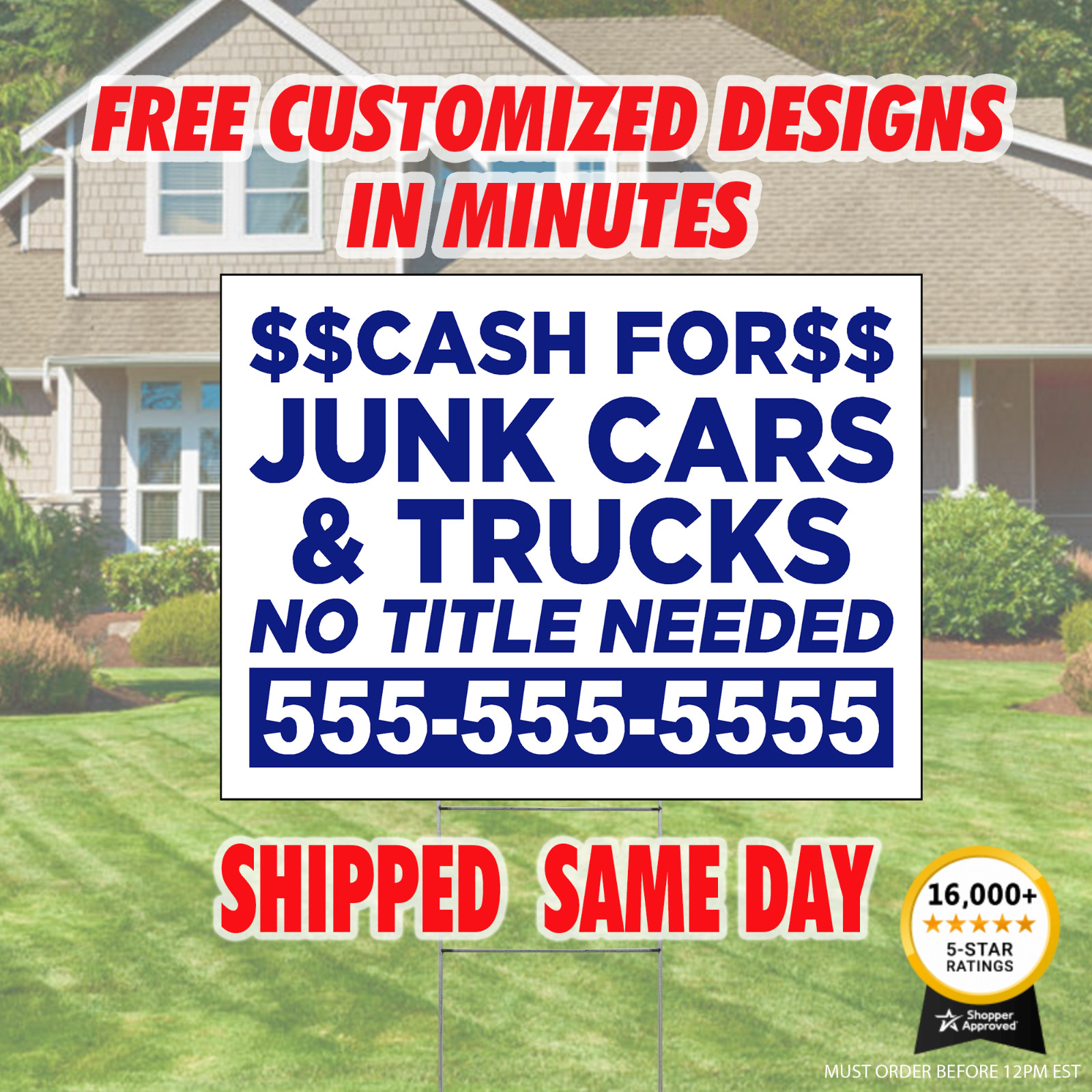 Cash For Junk Cars Full Color Custom Yard signs 24″x18″ Stakes Included