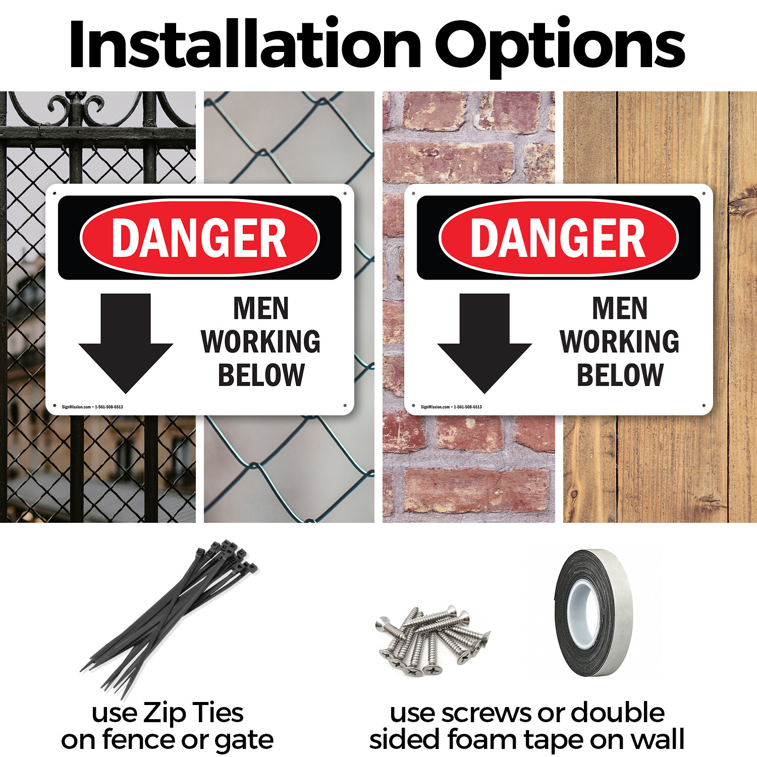 (2 Pack) Men Working Below OSHA Danger Sign Decal Metal Plastic