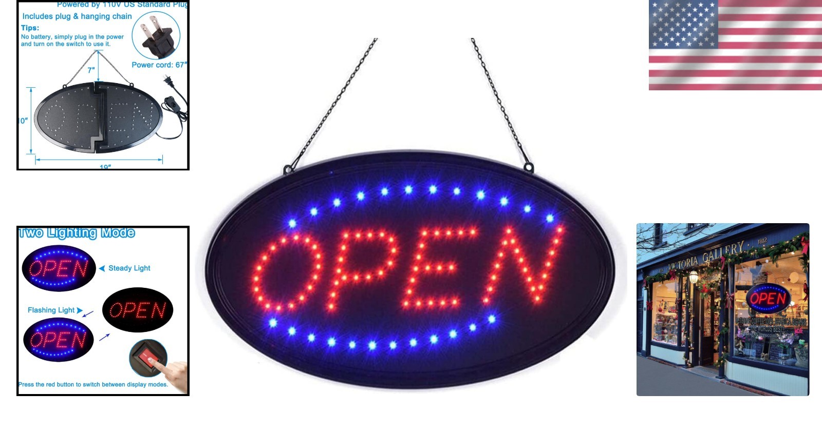 LED Open Sign 19×10 Inches Bright Wall Mount Flashing Window Bar Shop Hotel
